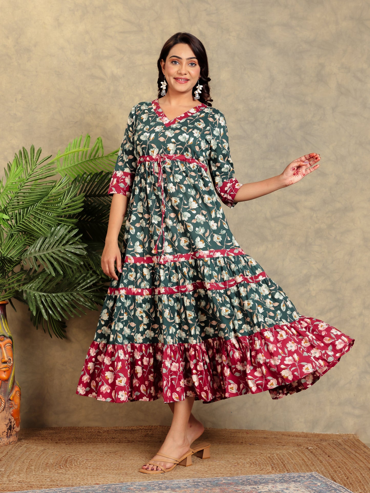 Soft Cotton Floral Flared Green Dress