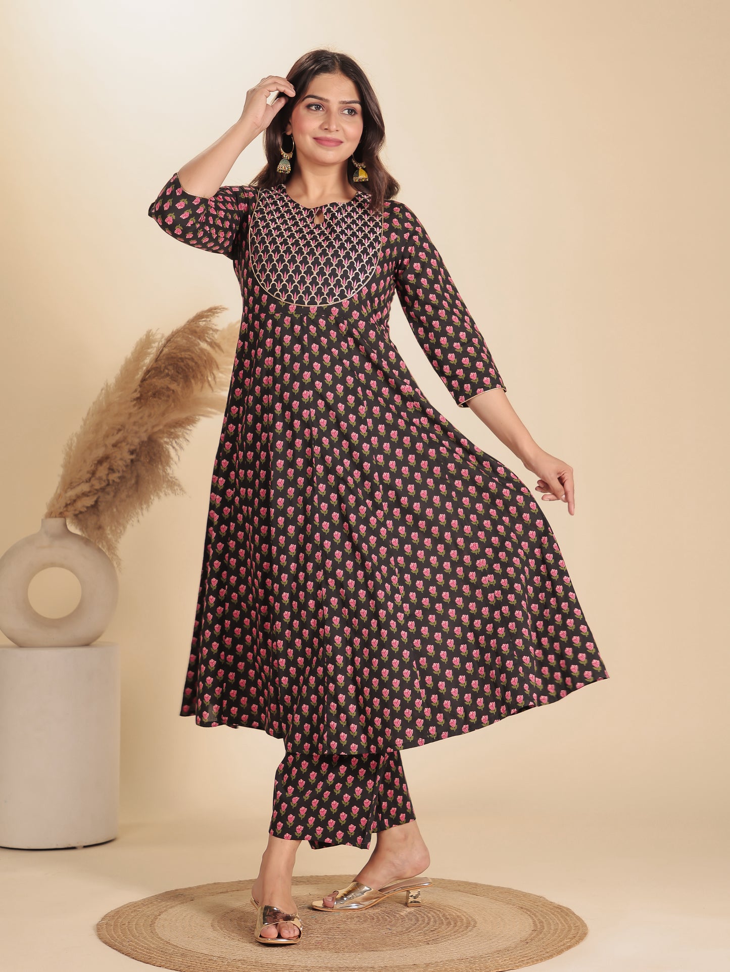 Soft Cotton Floral Anarkali Black Kurta