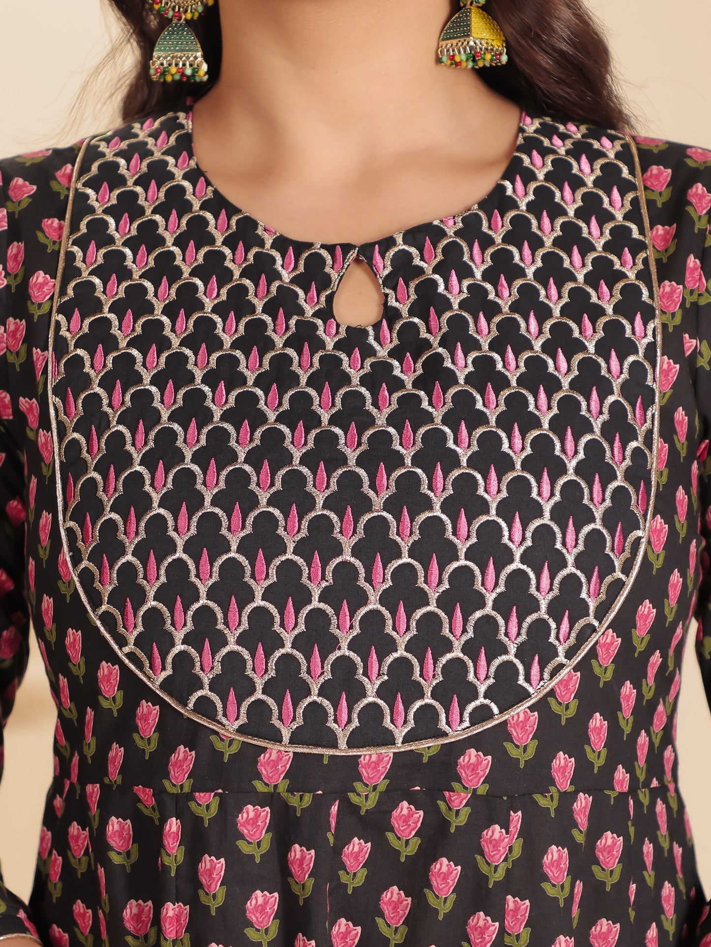 Soft Cotton Floral Anarkali Black Kurta