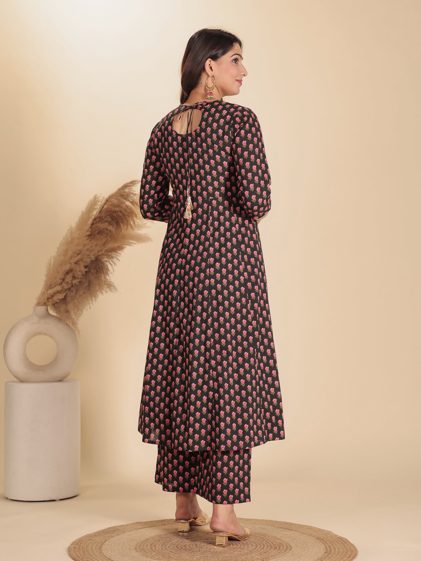Soft Cotton Floral Anarkali Black Kurta