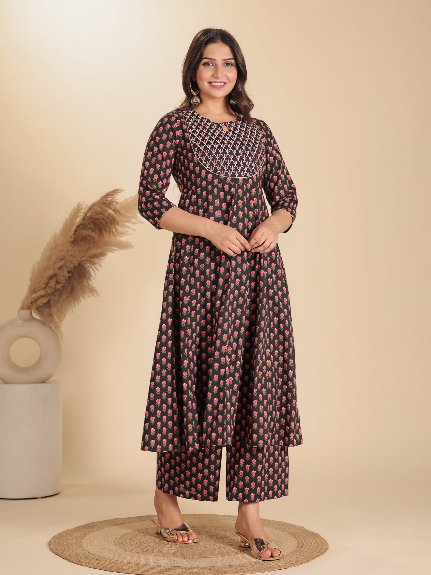 Soft Cotton Floral Anarkali Black Kurta