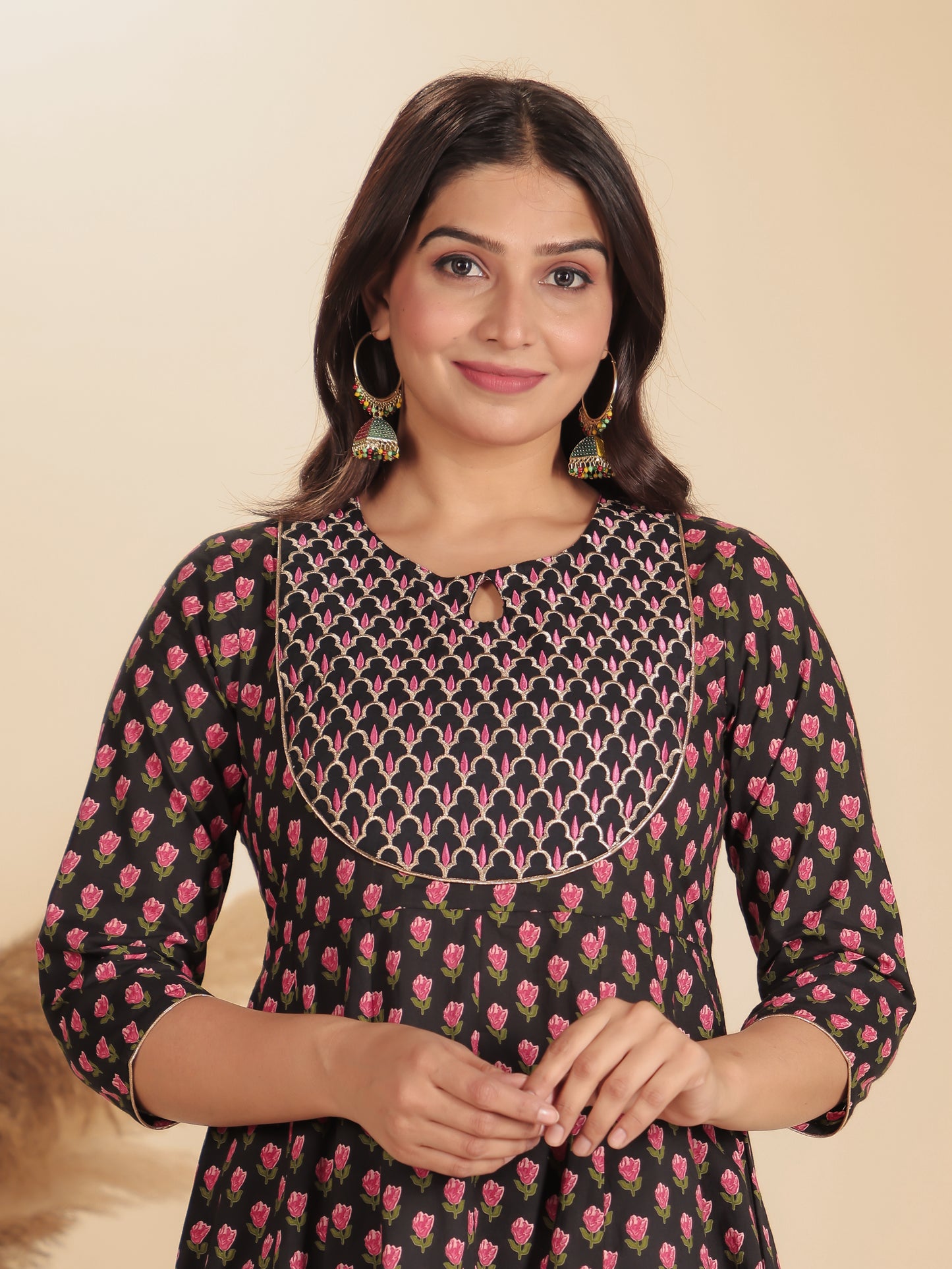 Soft Cotton Floral Anarkali Black Kurta