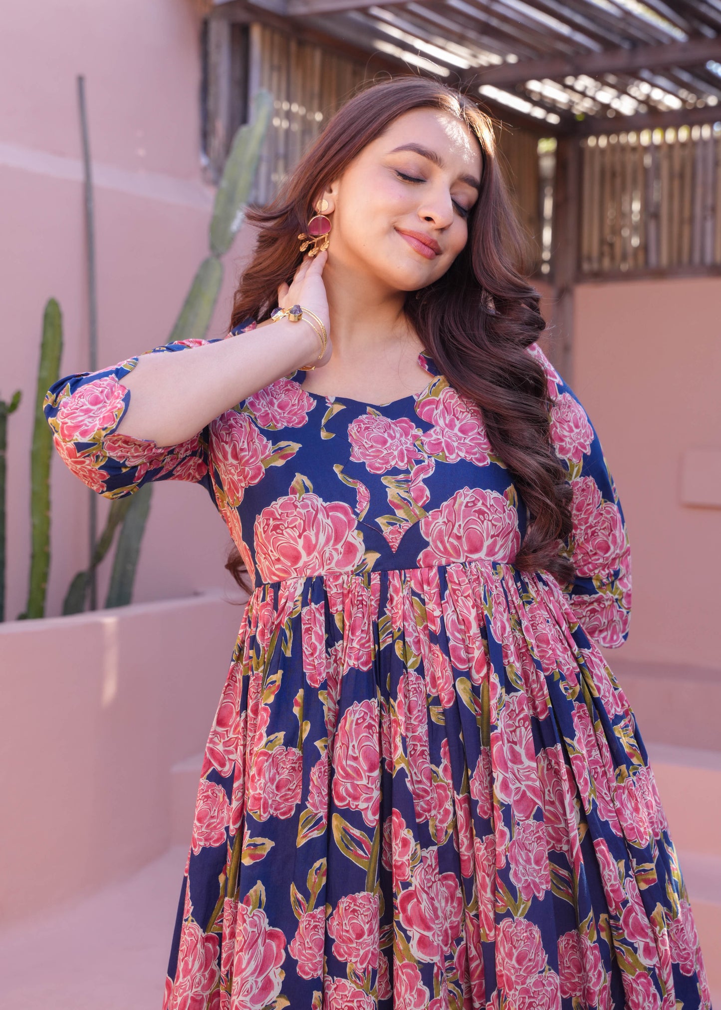 Soft Cotton Floral Flared Blue Dress