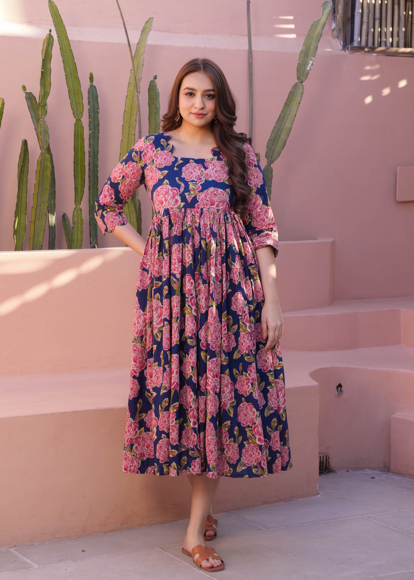 Soft Cotton Floral Flared Blue Dress