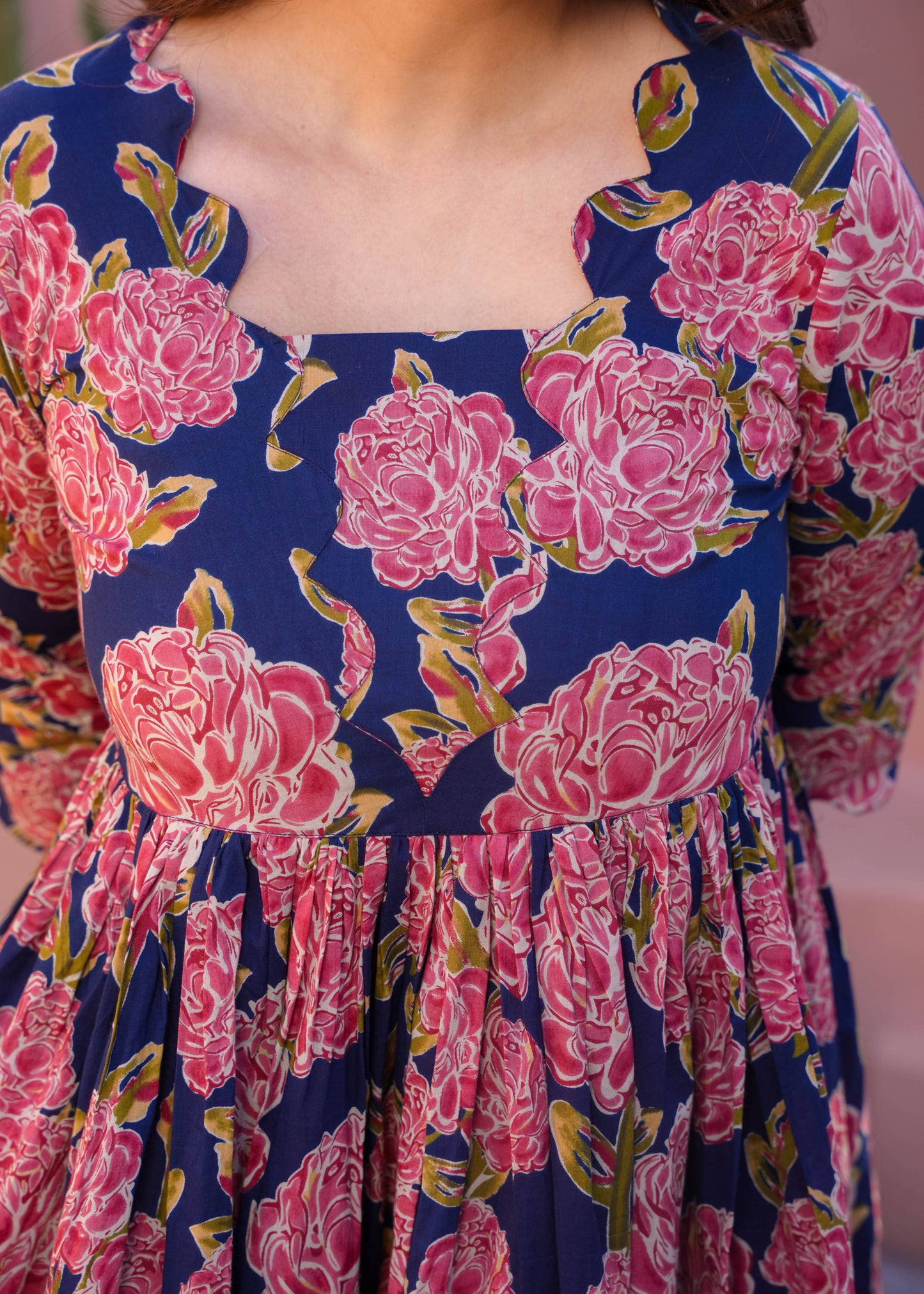 Soft Cotton Floral Flared Blue Dress