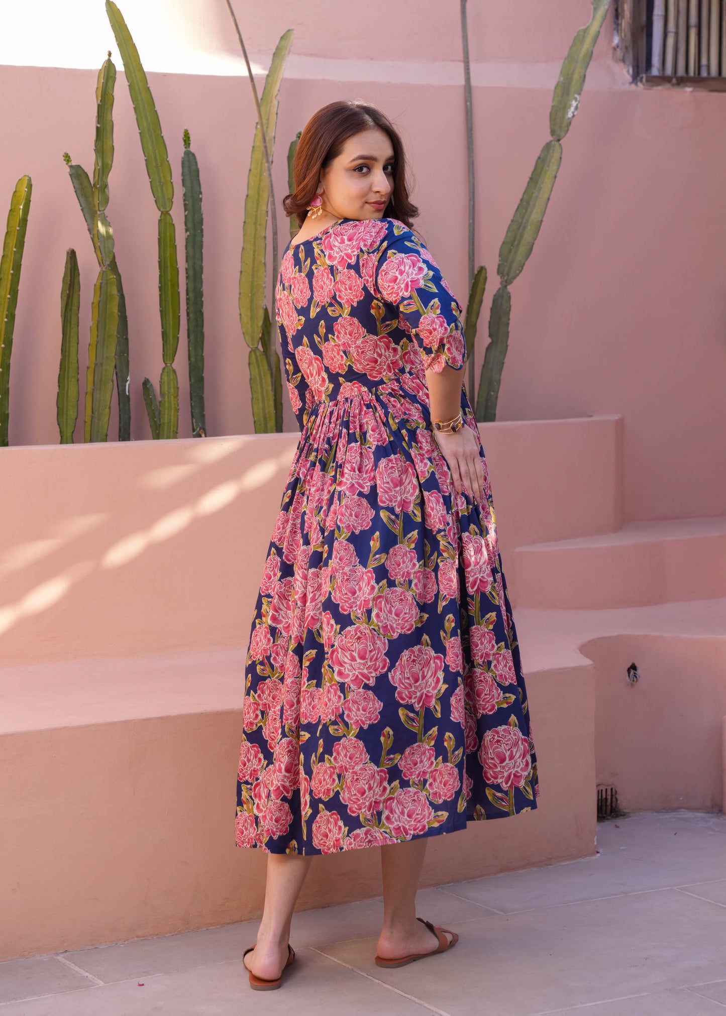 Soft Cotton Floral Flared Blue Dress