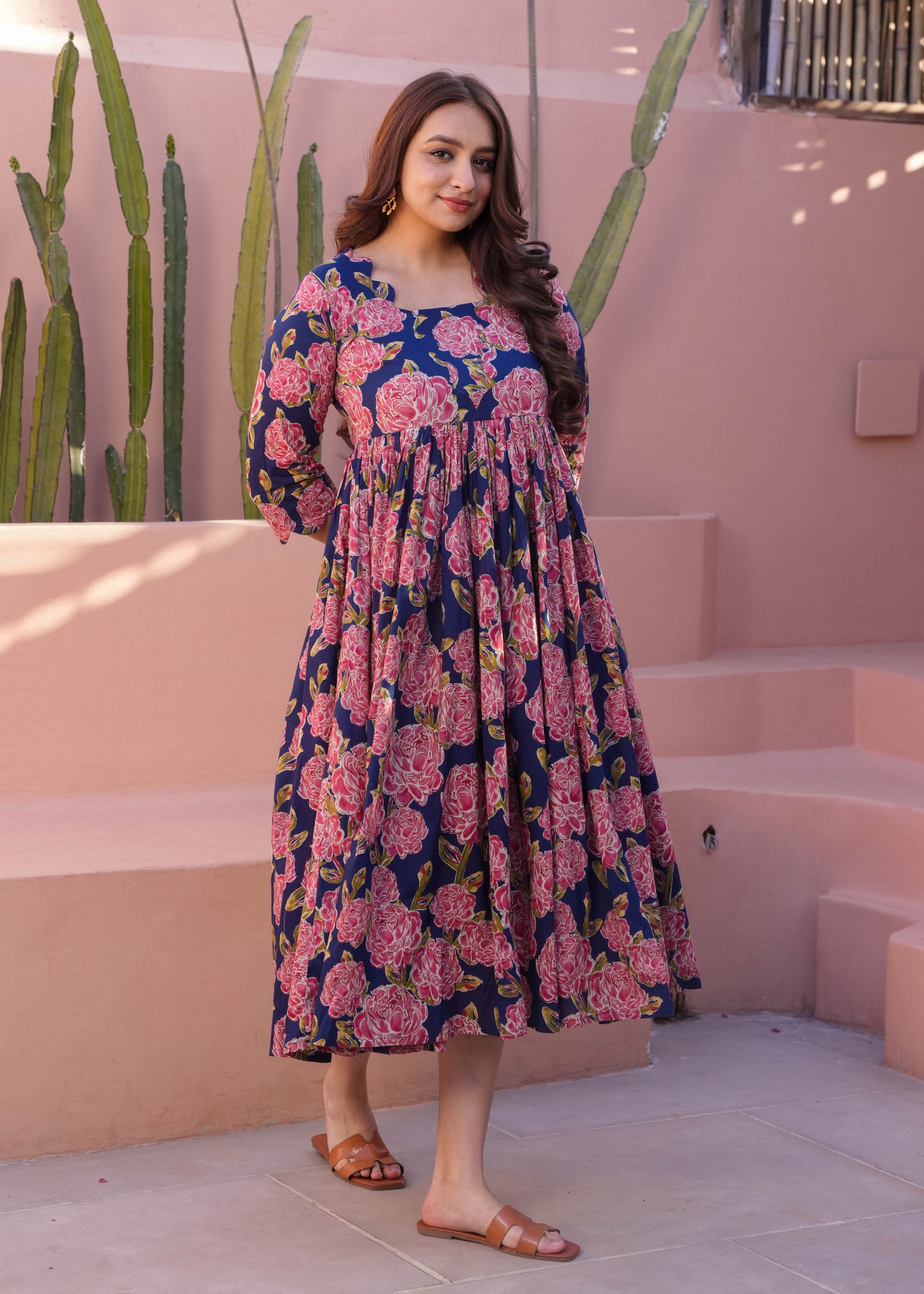 Soft Cotton Floral Flared Blue Dress