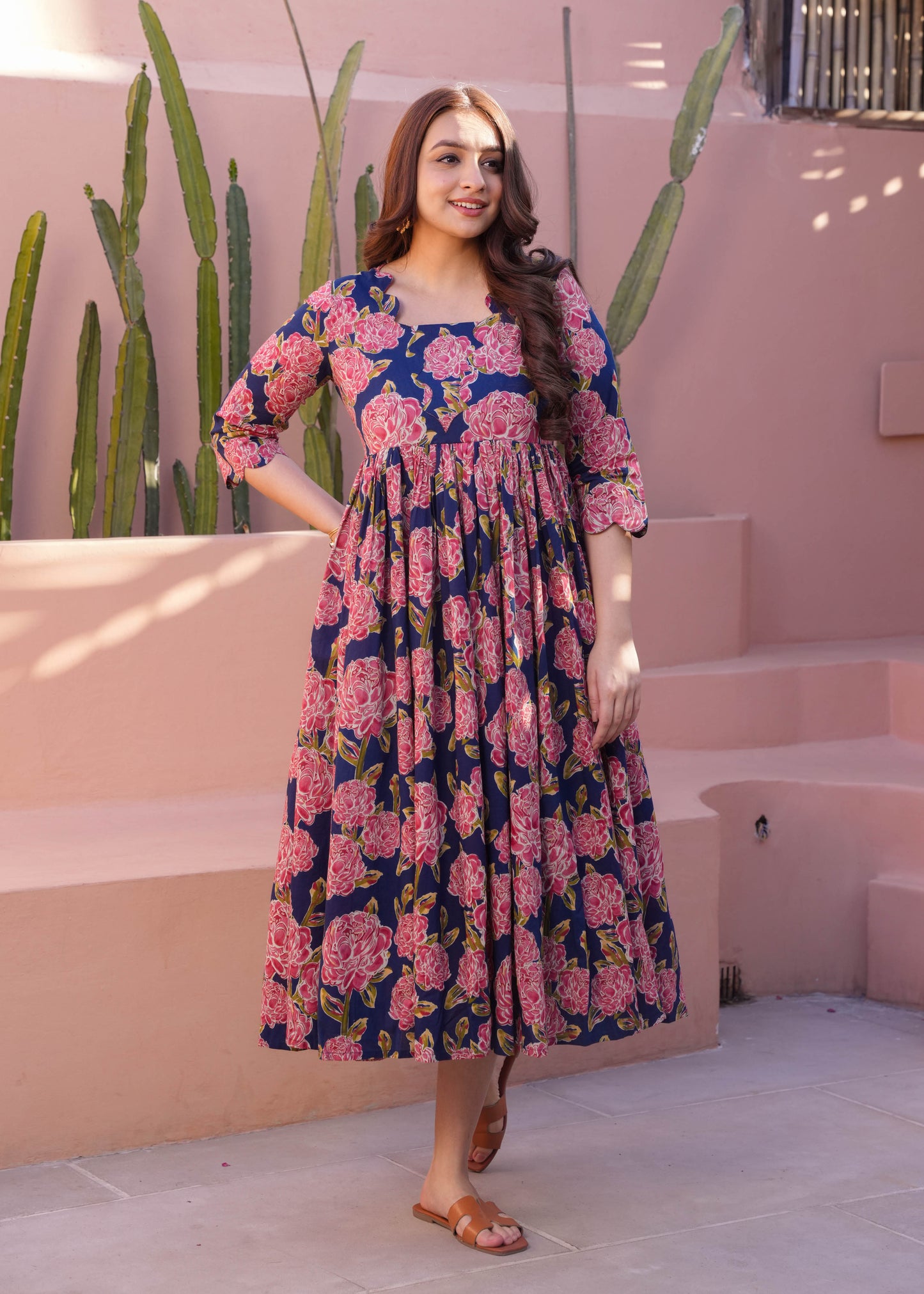 Soft Cotton Floral Flared Blue Dress