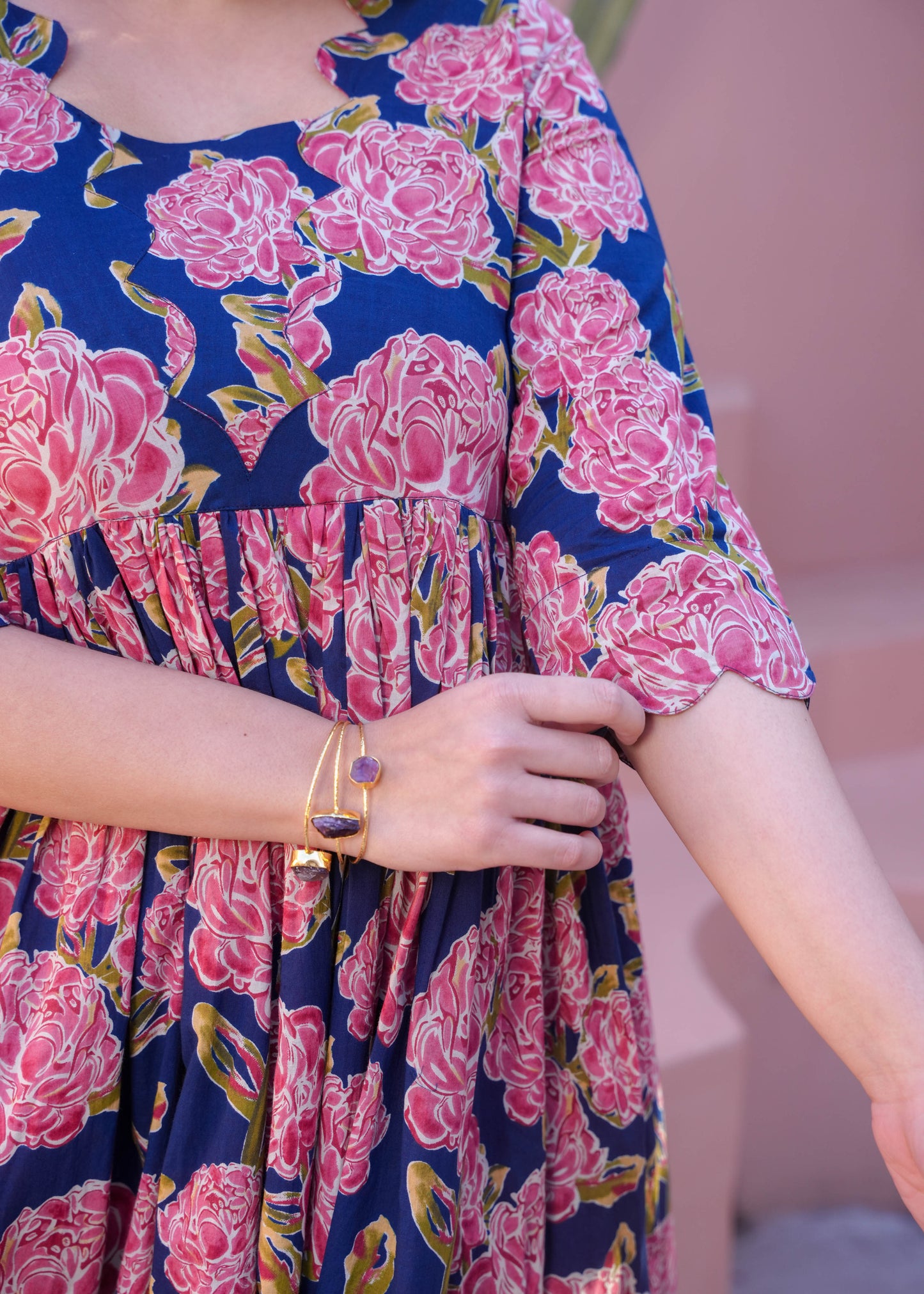 Soft Cotton Floral Flared Blue Dress