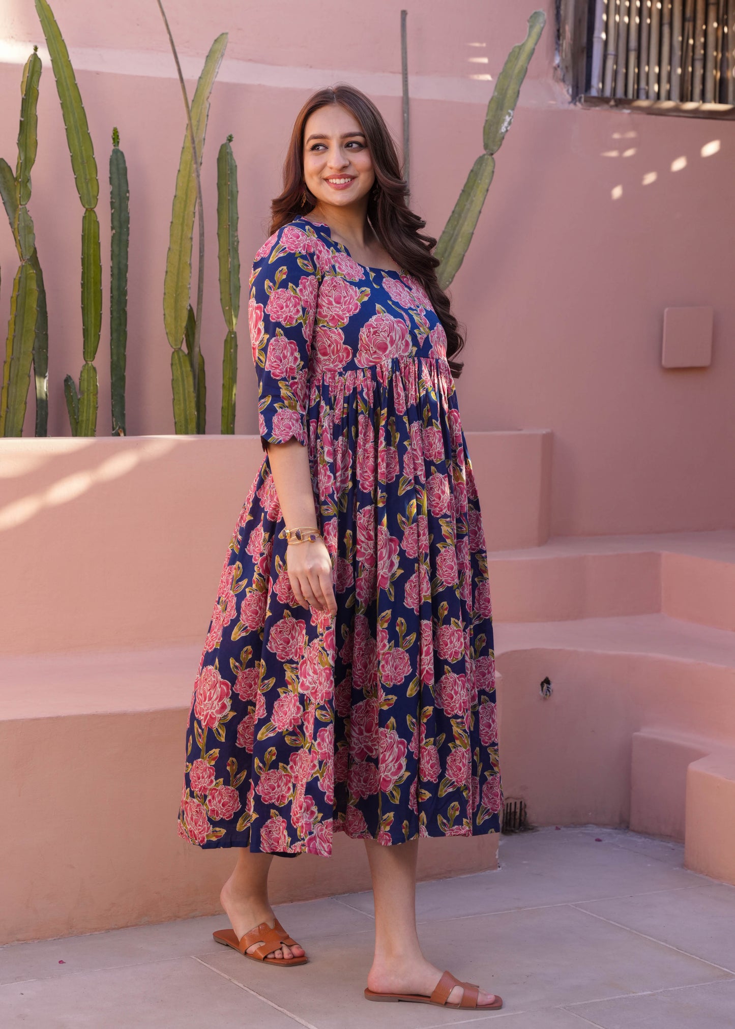 Soft Cotton Floral Flared Blue Dress