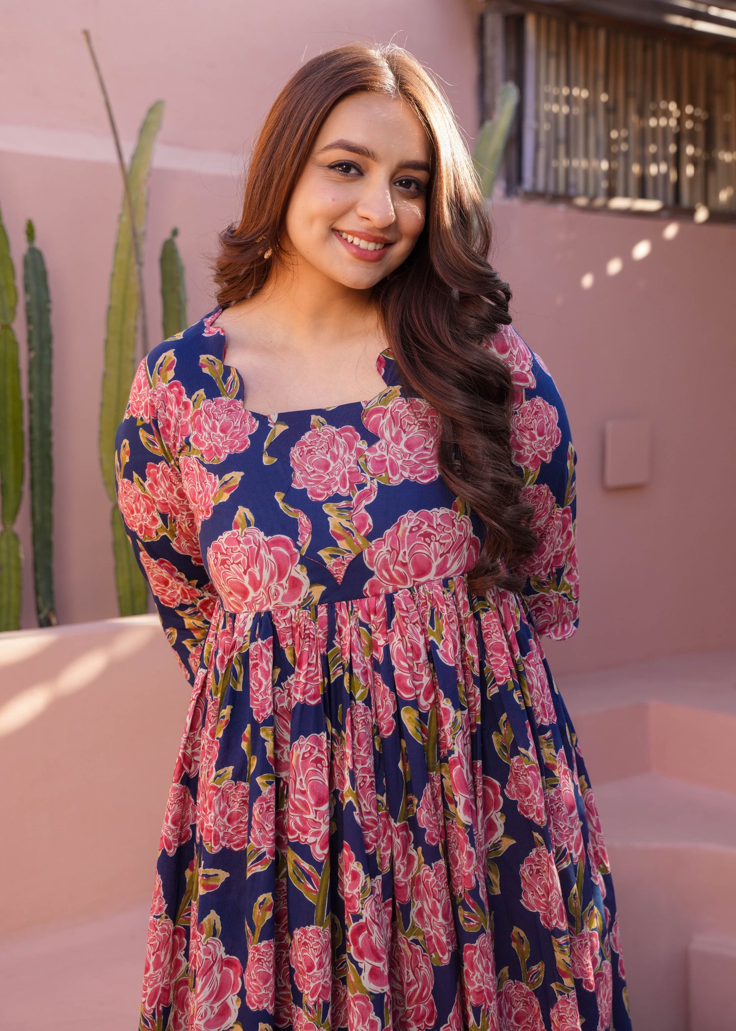 Soft Cotton Floral Flared Blue Dress