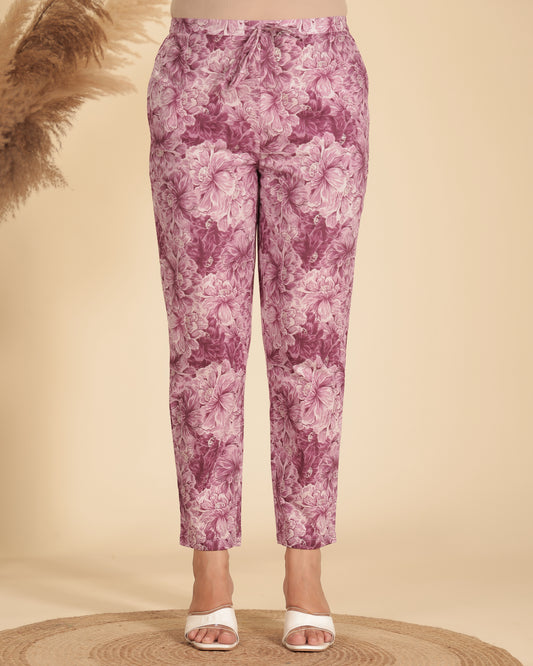 Soft Cotton Floral Purple Tapered Trousers