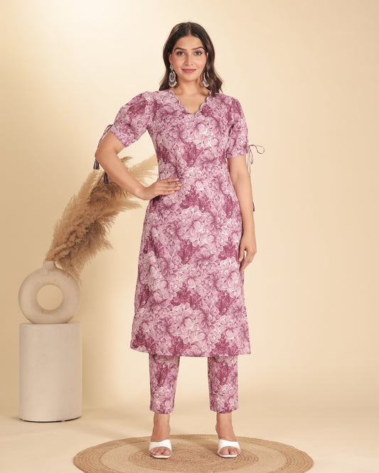 Soft Cotton Floral Straight Purple Kurta