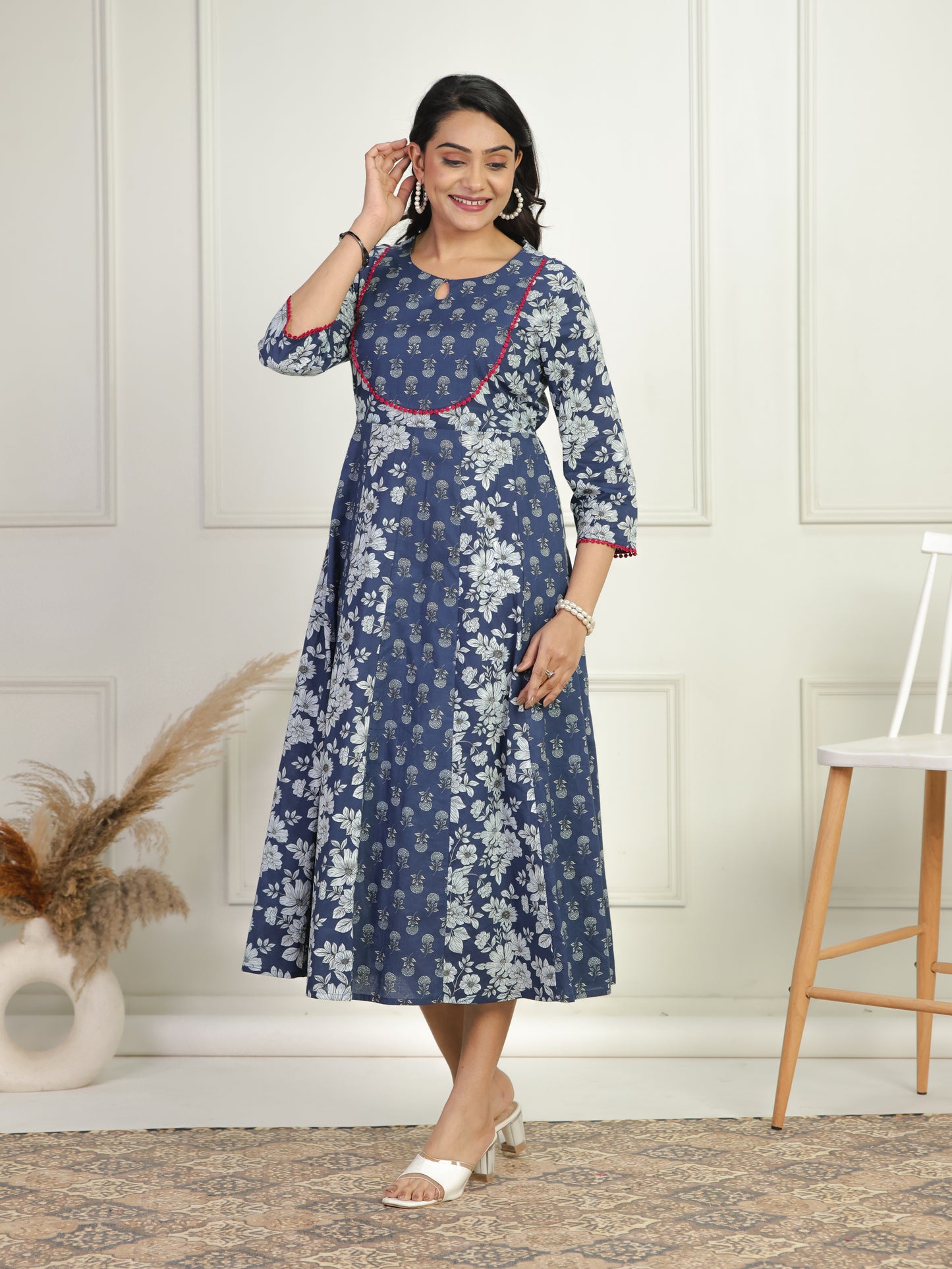 Soft Cotton Floral Anarkali Blue Dress