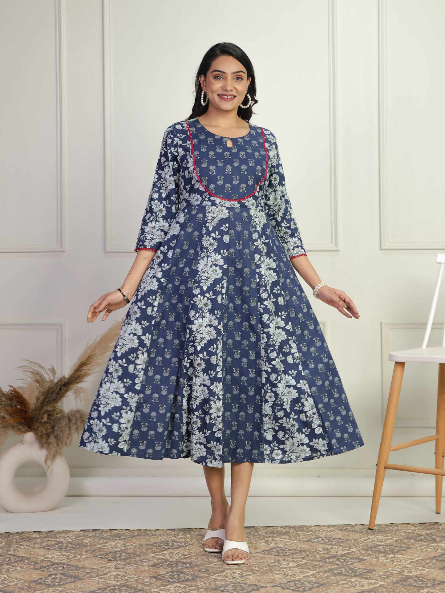 Soft Cotton Floral Anarkali Blue Dress