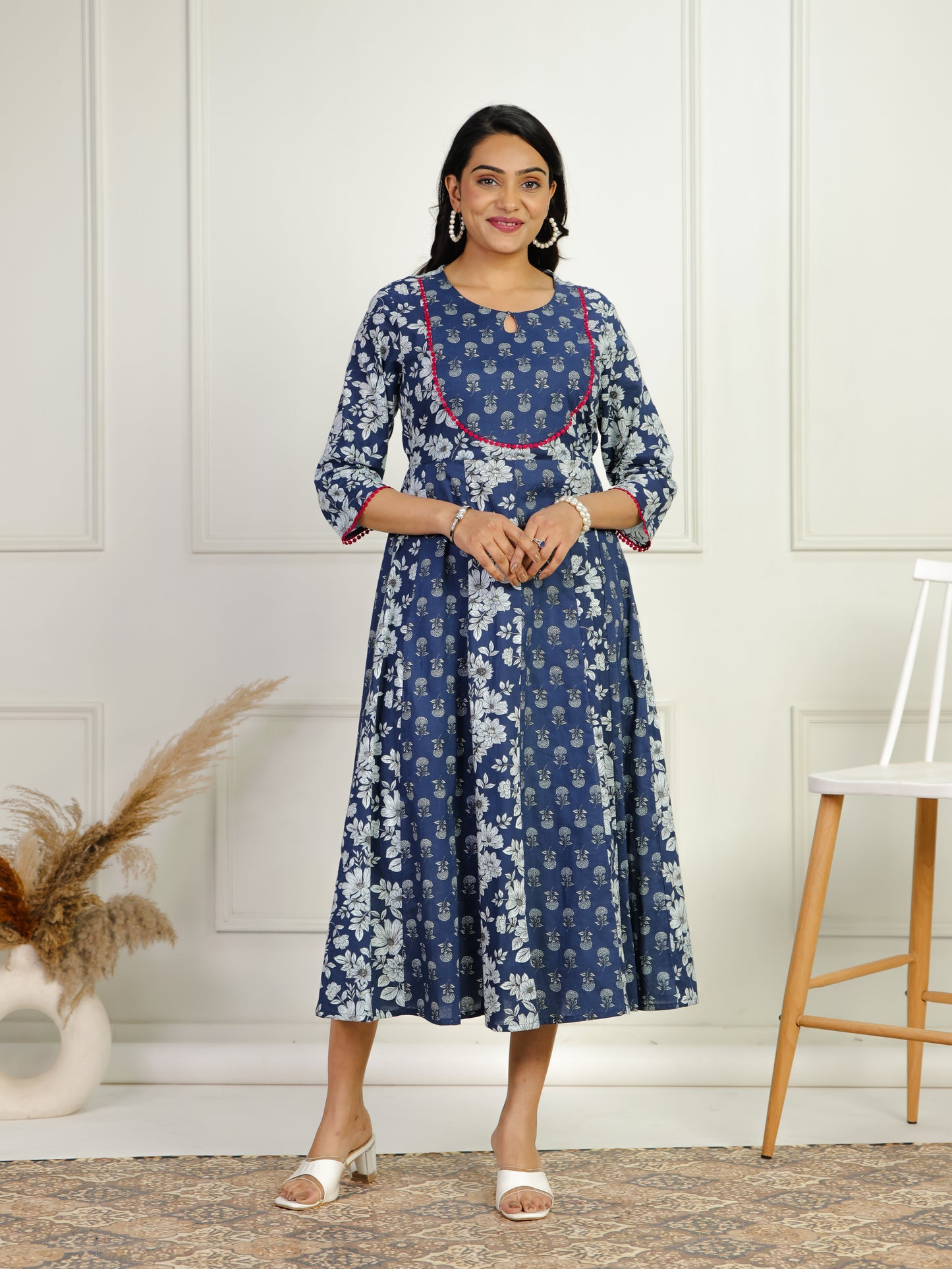 Soft Cotton Floral Anarkali Blue Dress