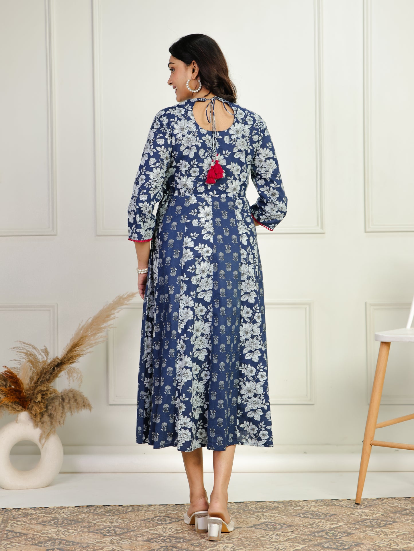 Soft Cotton Floral Anarkali Blue Dress