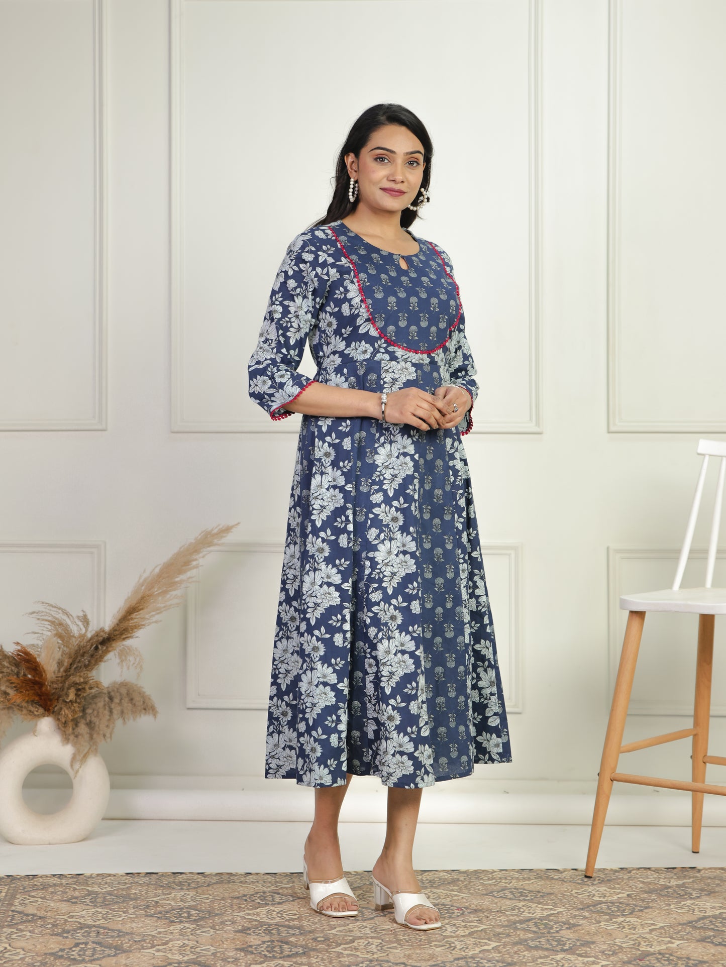 Soft Cotton Floral Anarkali Blue Dress