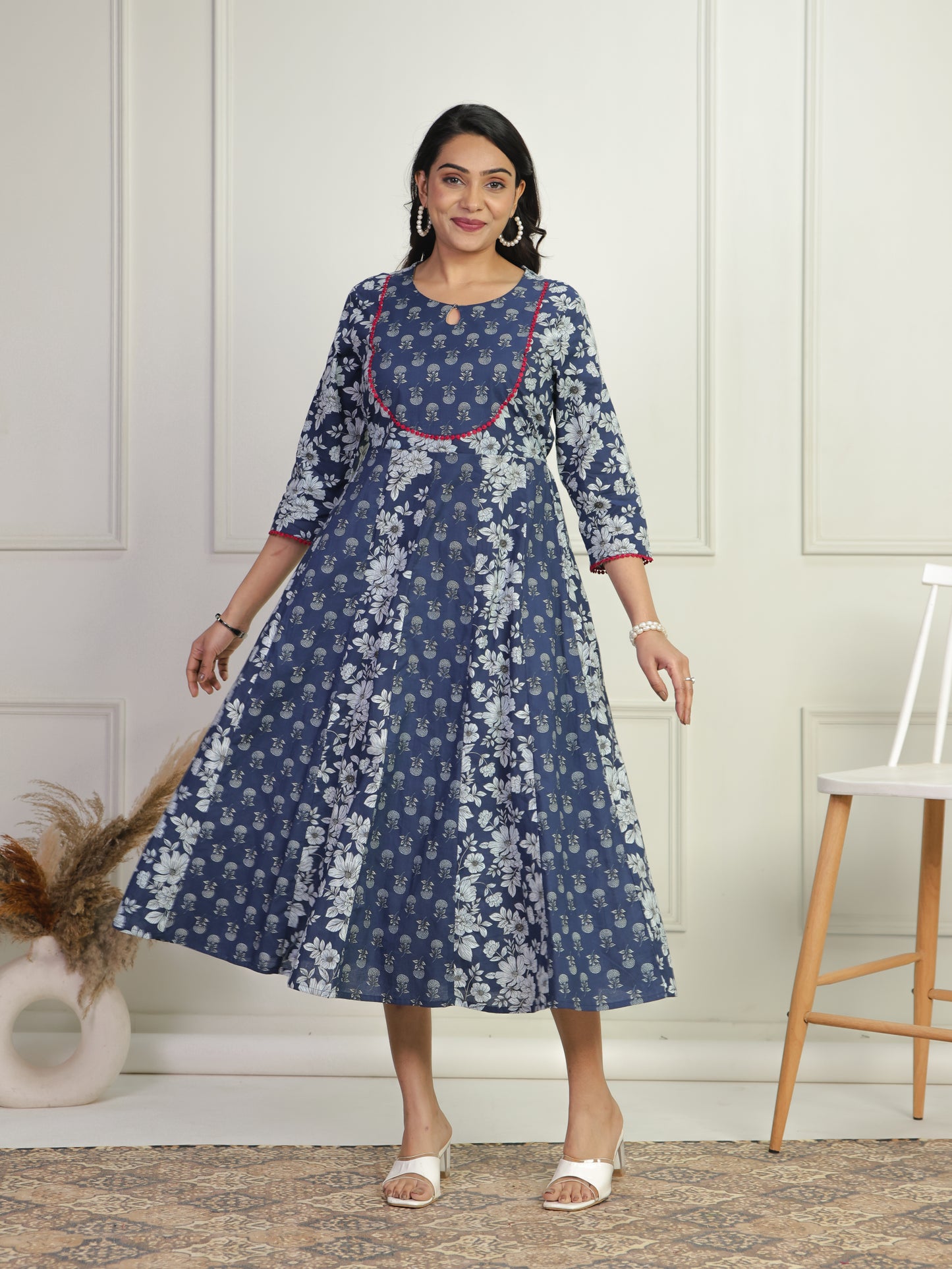 Soft Cotton Floral Anarkali Blue Dress