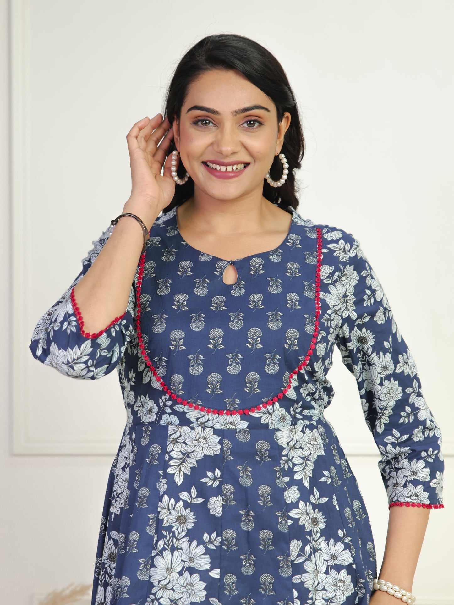 Soft Cotton Floral Anarkali Blue Dress