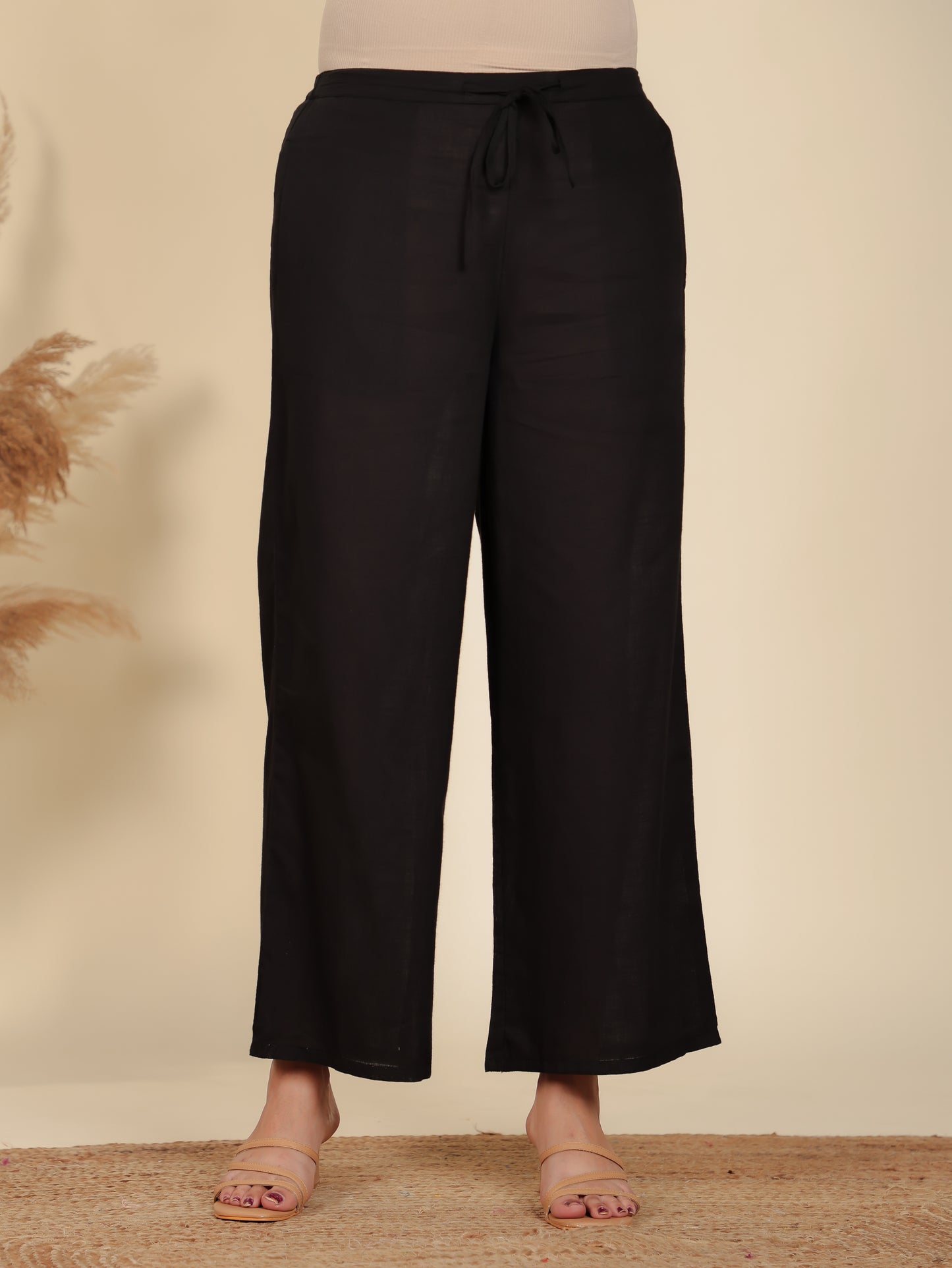 Linen Cotton Solid Black Palazzo