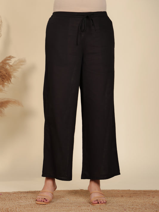 Linen Cotton Solid Black Palazzo