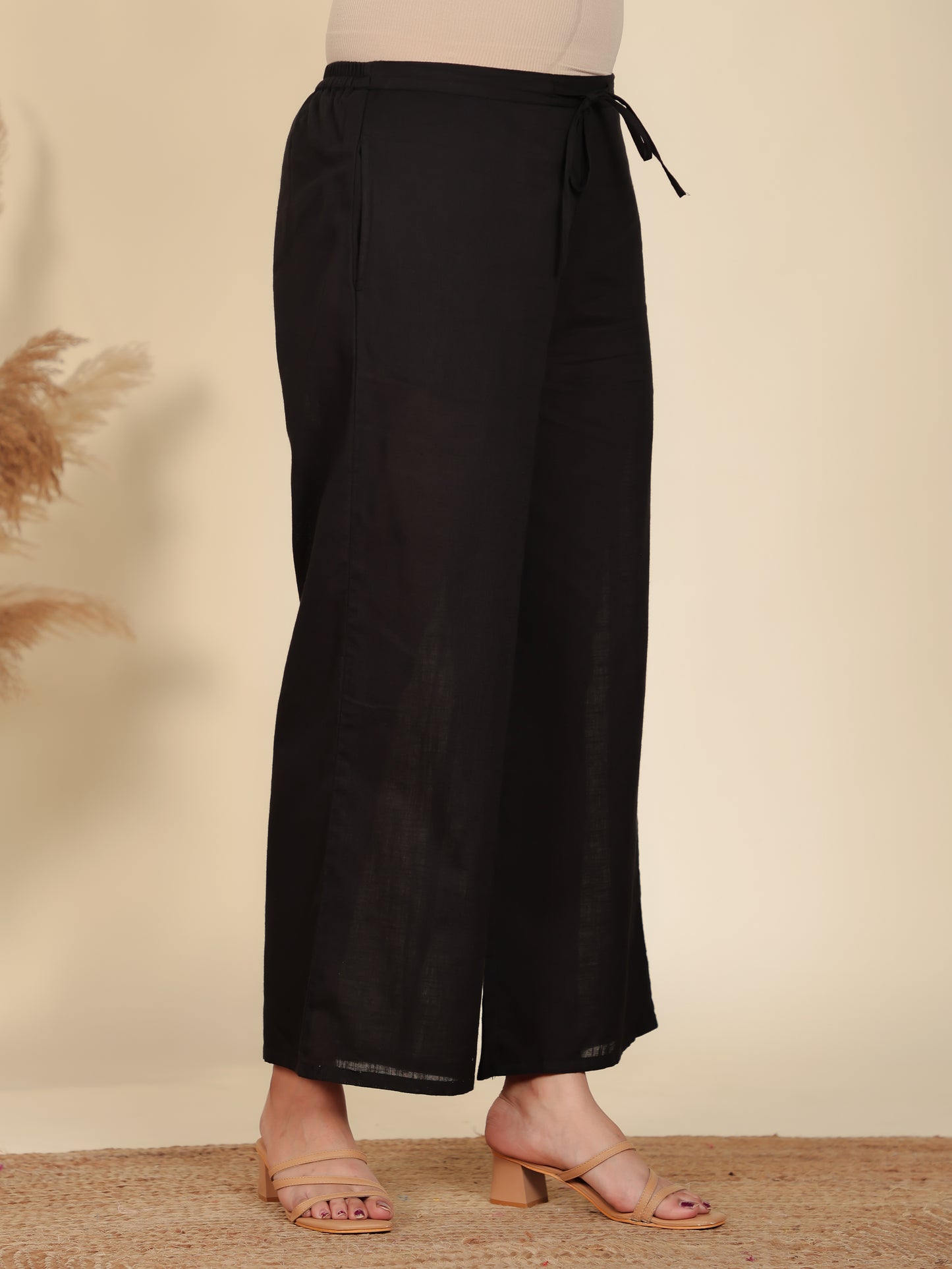 Linen Cotton Solid Black Palazzo