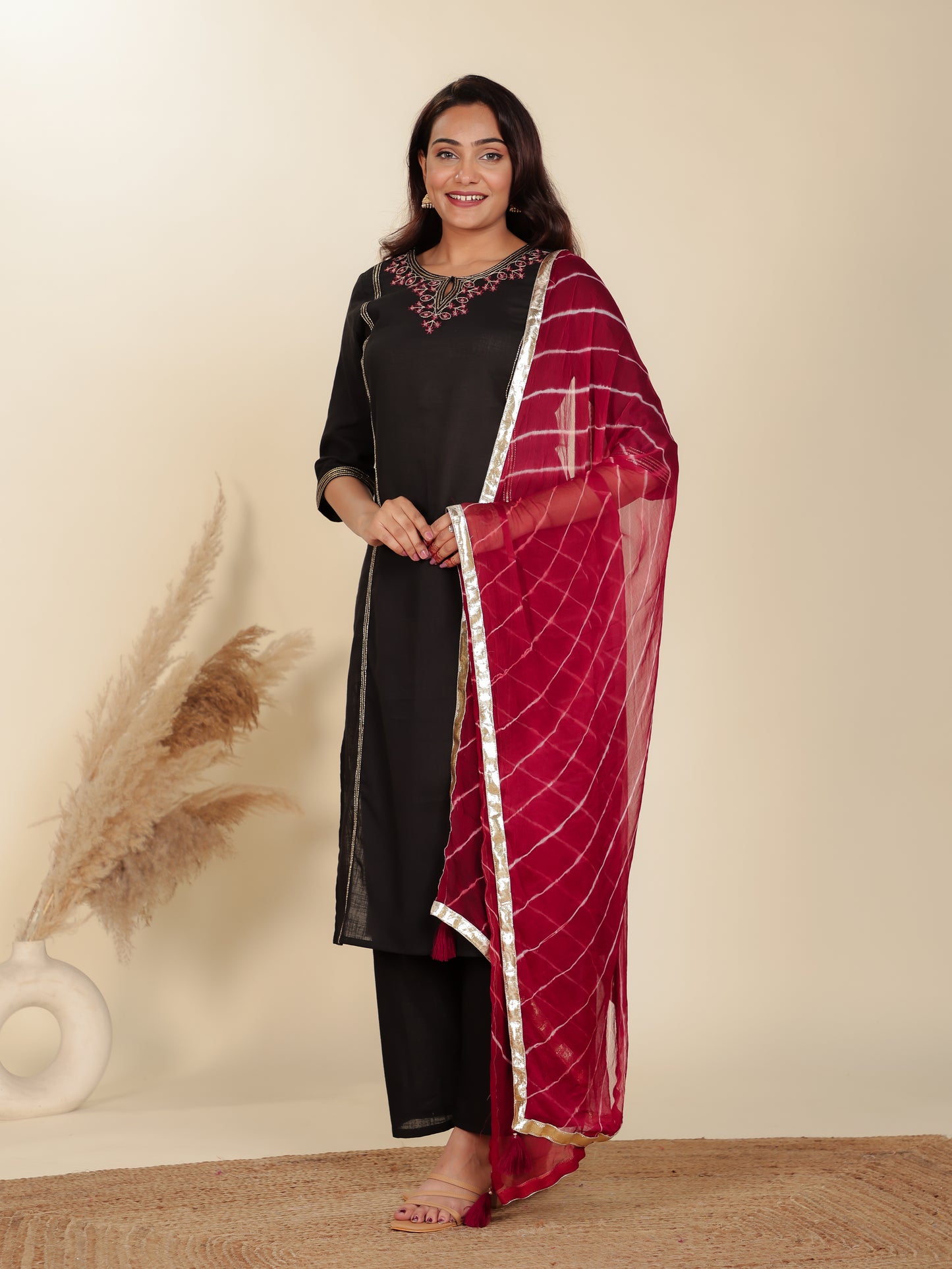 Linen Cotton Solid Straight Black Kurta