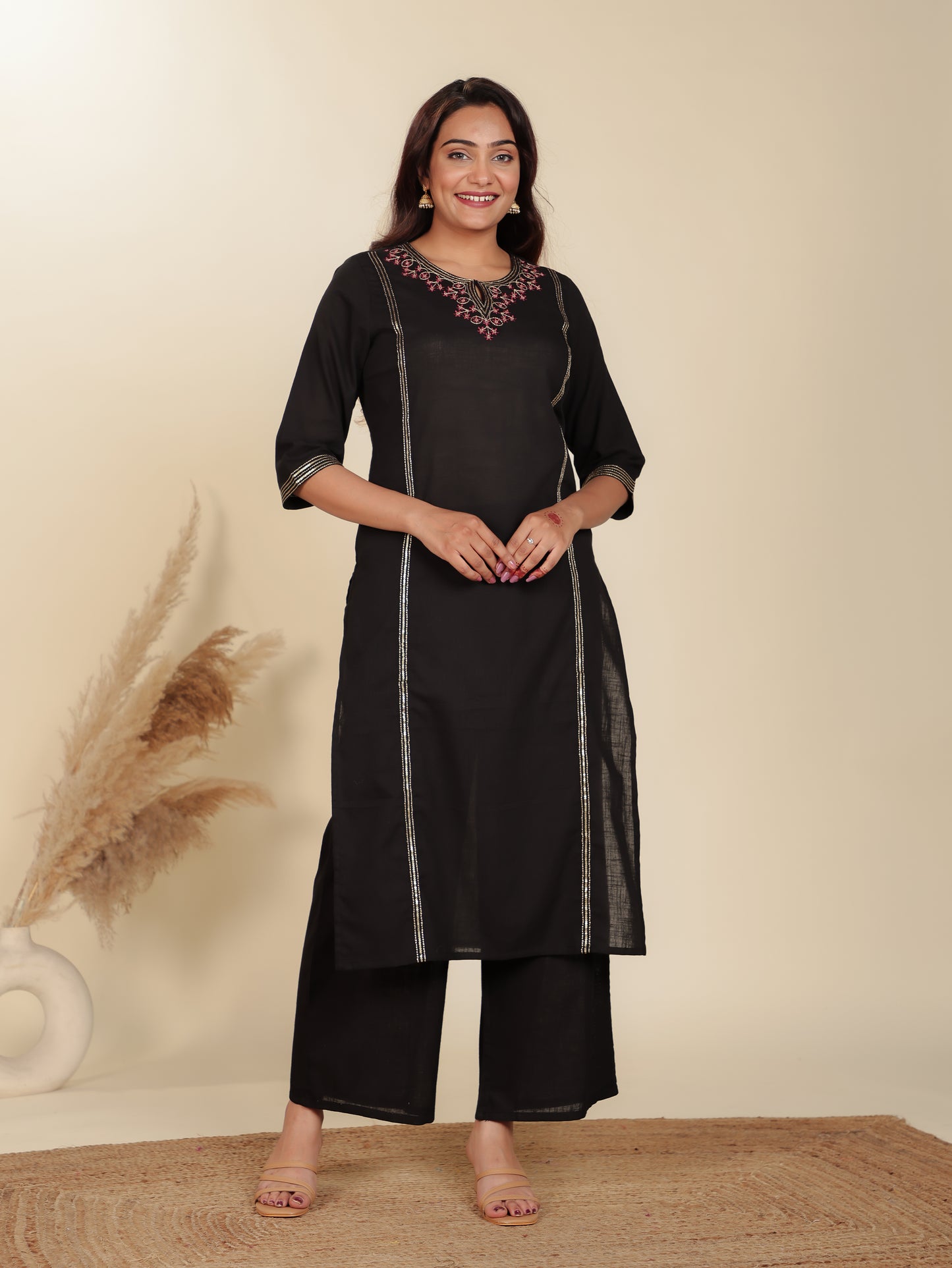 Linen Cotton Solid Straight Black Kurta