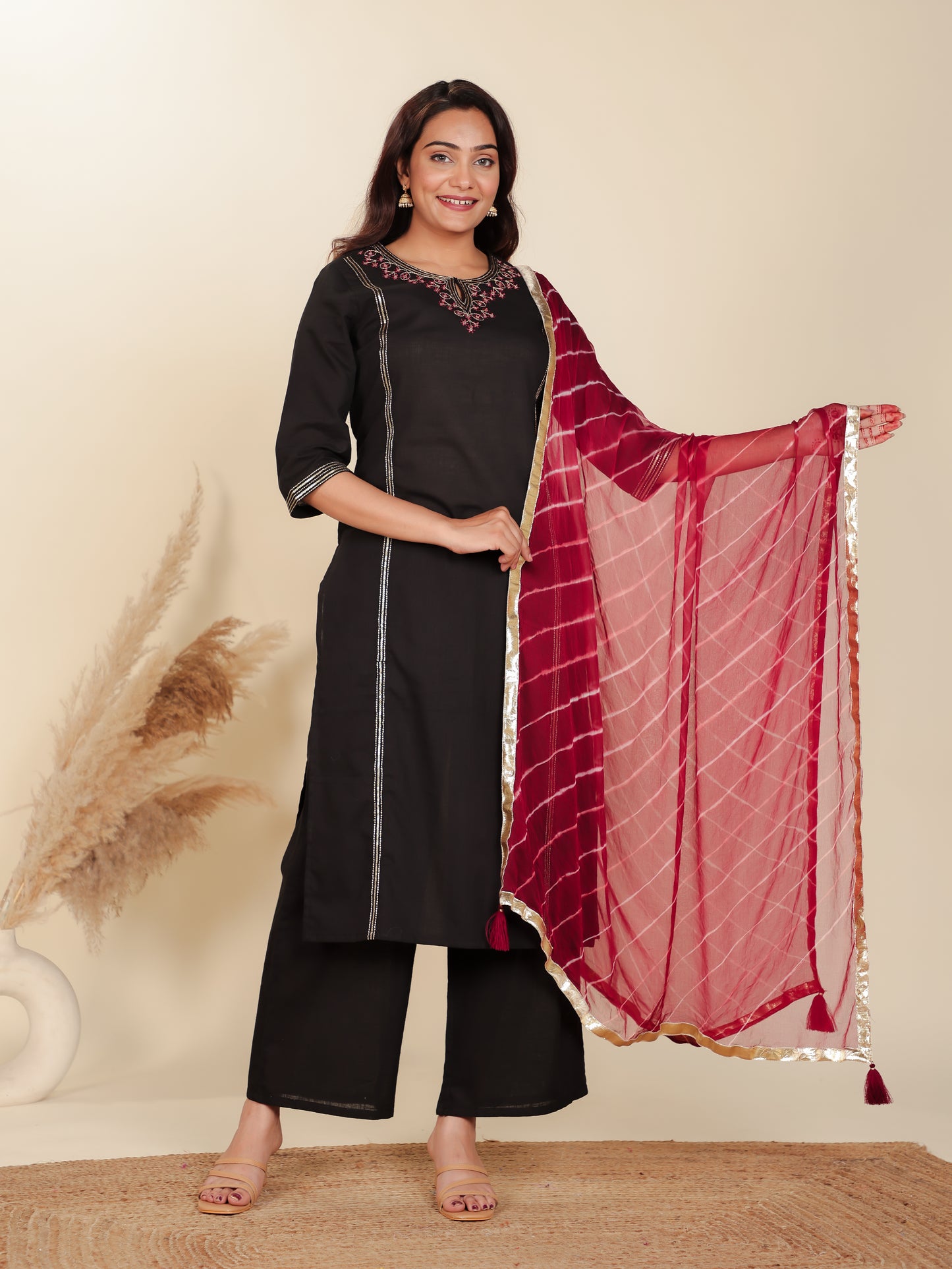 Linen Cotton Solid Straight Black Kurta