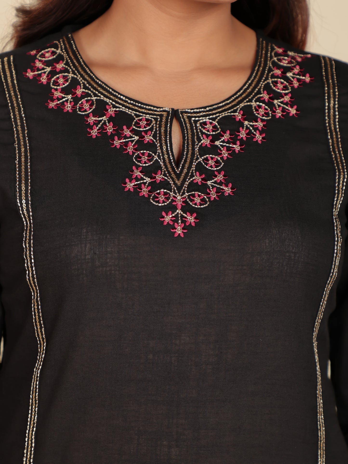 Linen Cotton Solid Straight Black Kurta