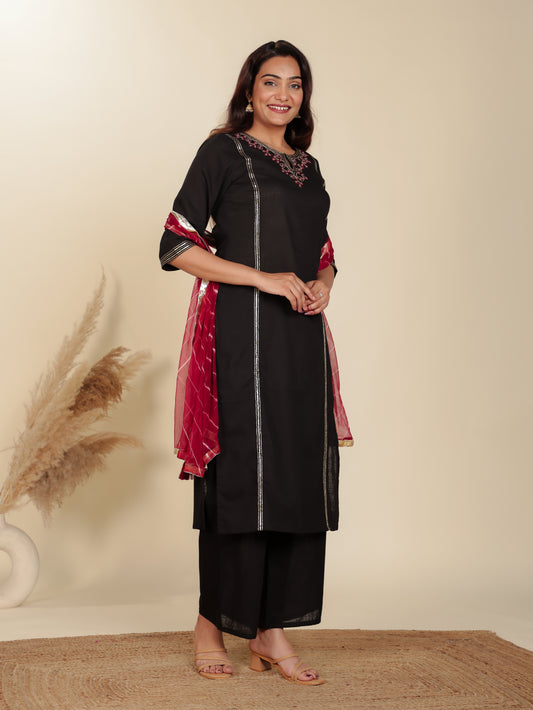 Linen Cotton Solid Straight Black Kurta