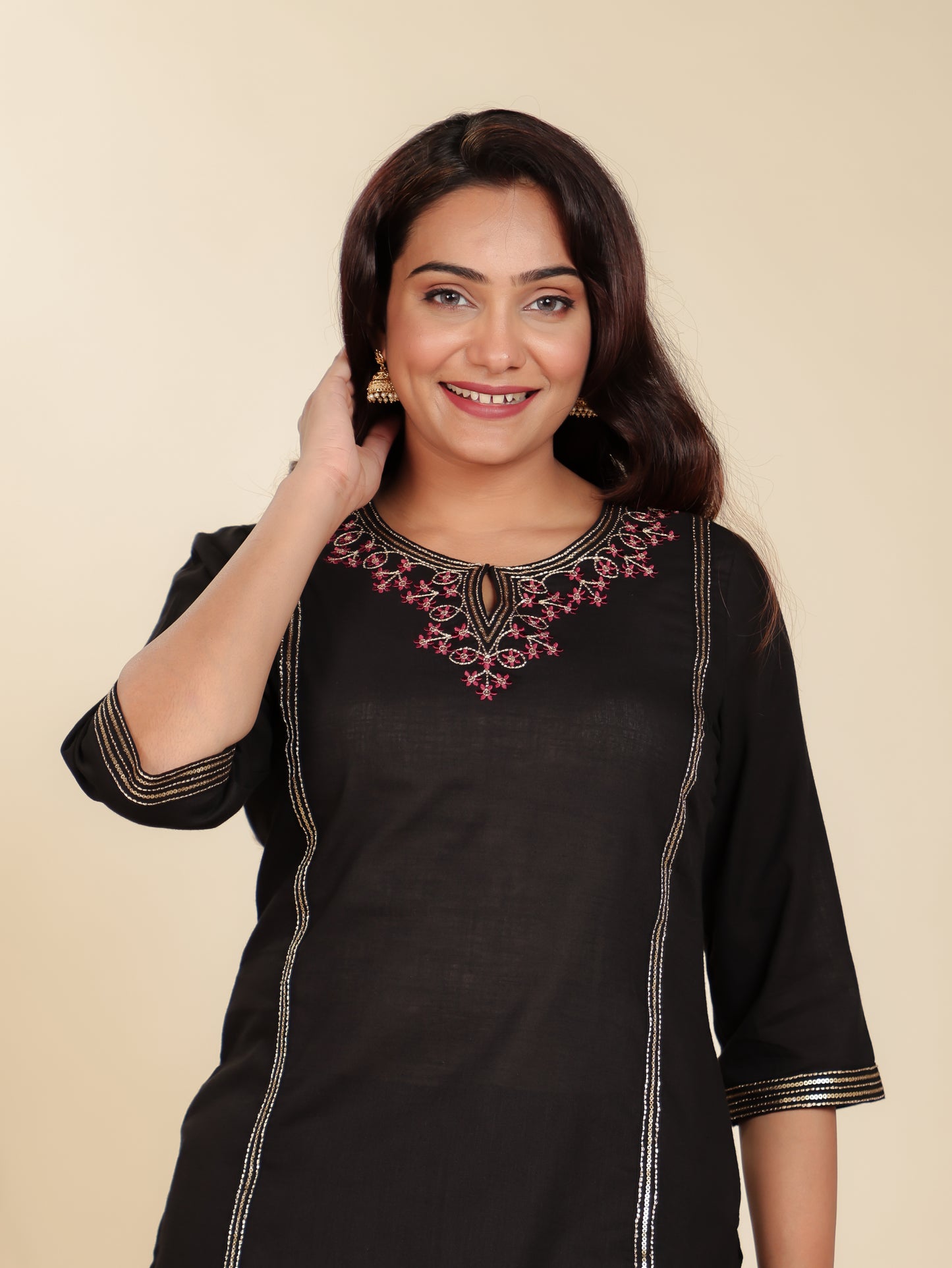 Linen Cotton Solid Straight Black Kurta