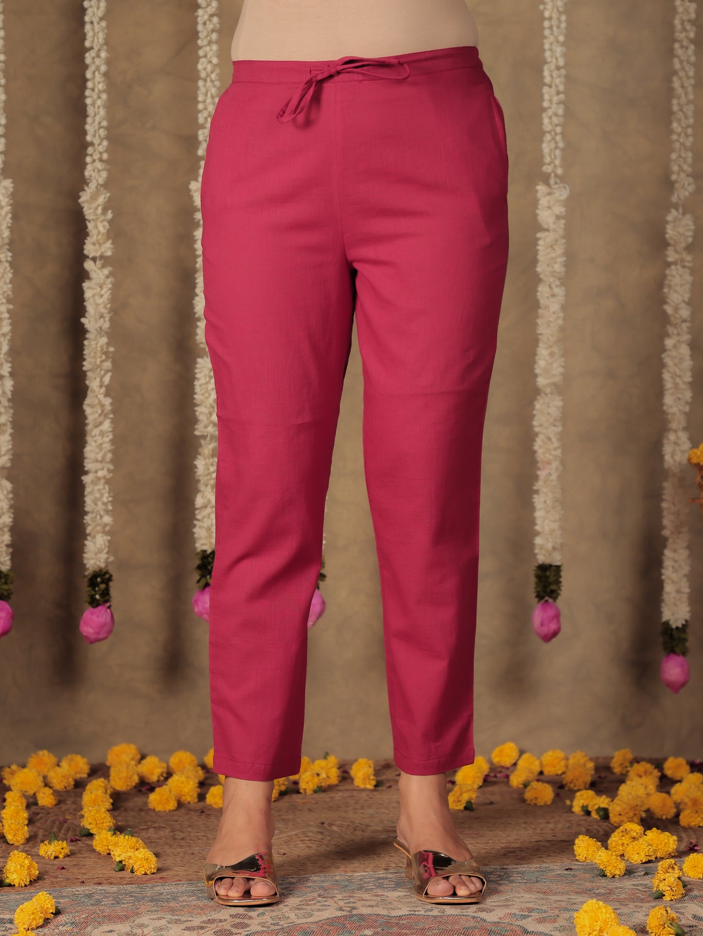 Linen Cotton Solid Maroon Tapered Trousers