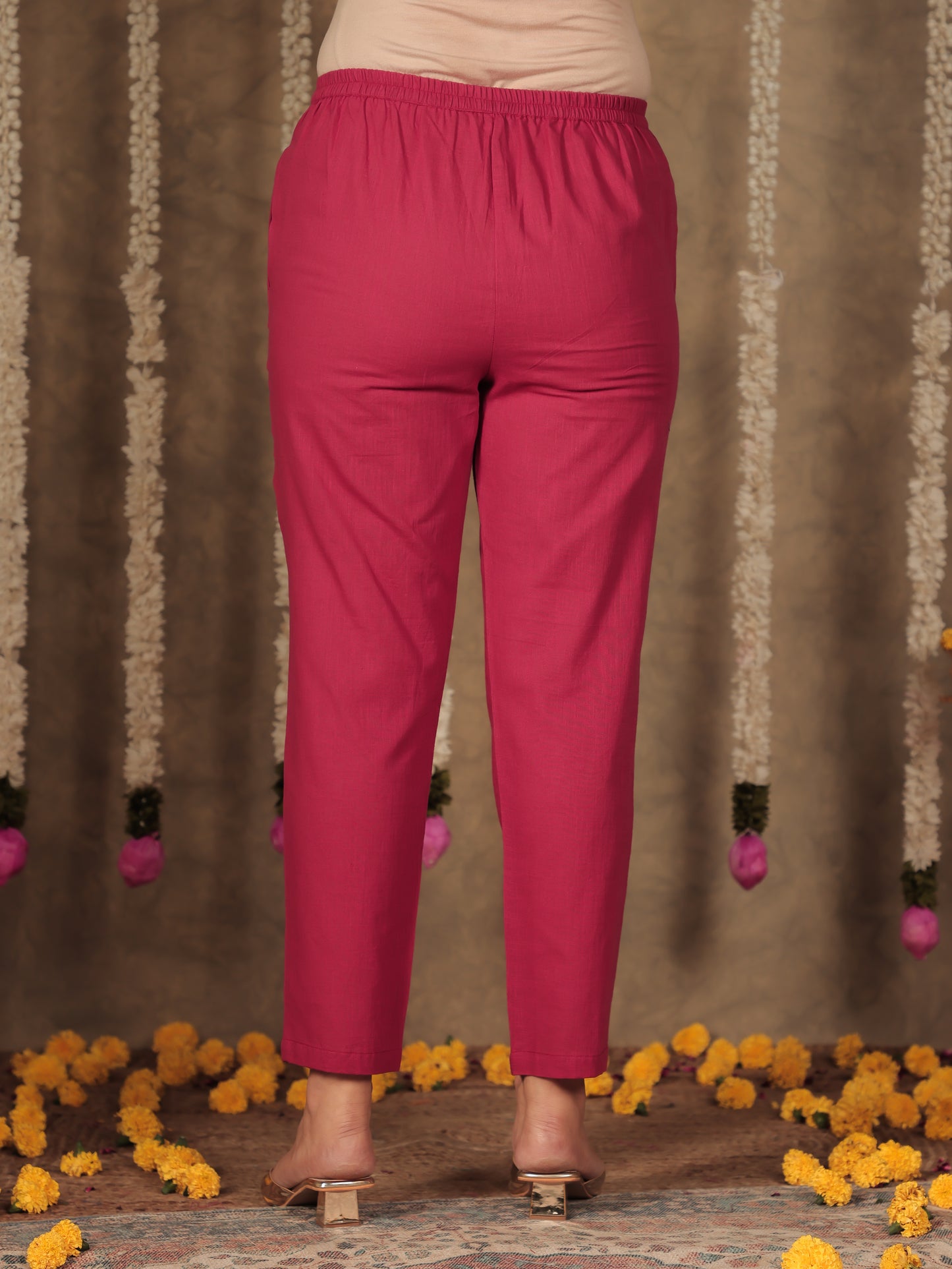 Linen Cotton Solid Maroon Tapered Trousers