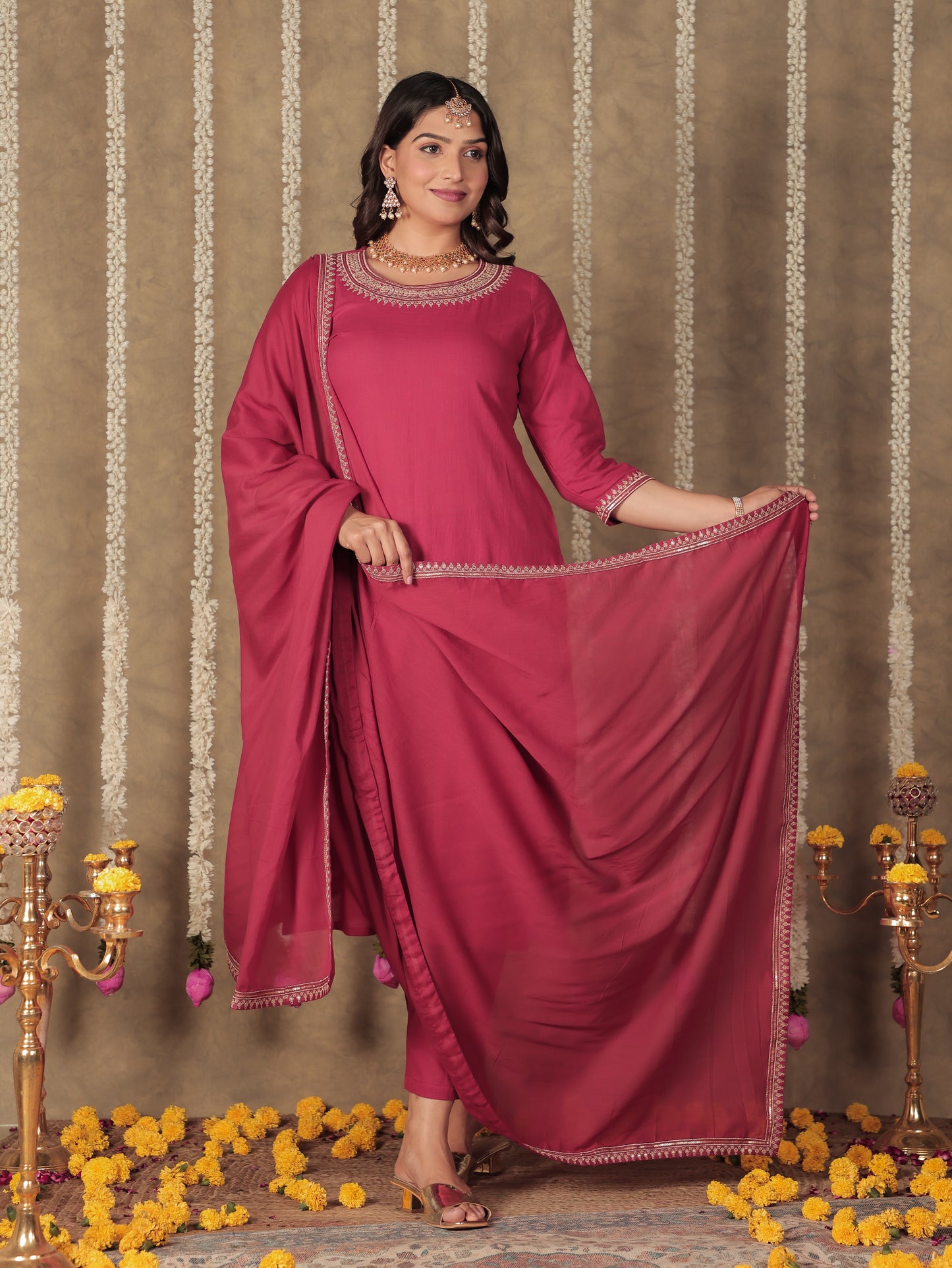 Linen Cotton Solid Straight Maroon Kurta