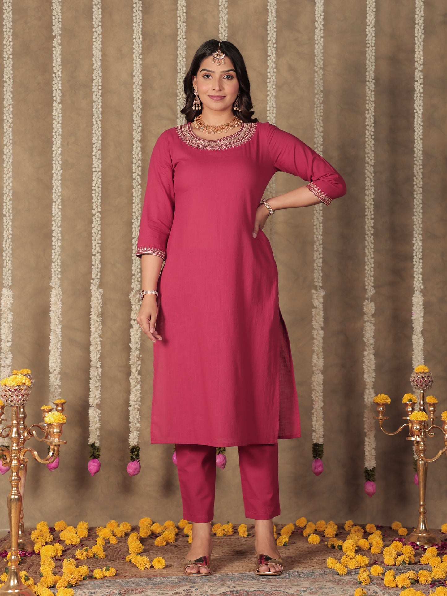 Linen Cotton Solid Straight Maroon Kurta