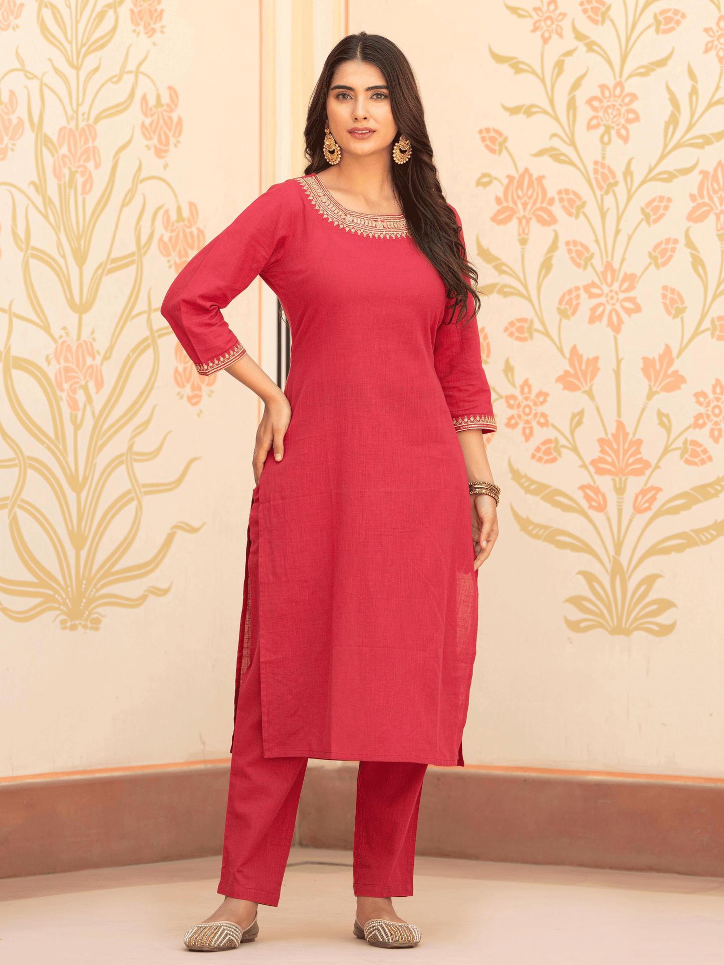 Linen Cotton Solid Straight Maroon Kurta