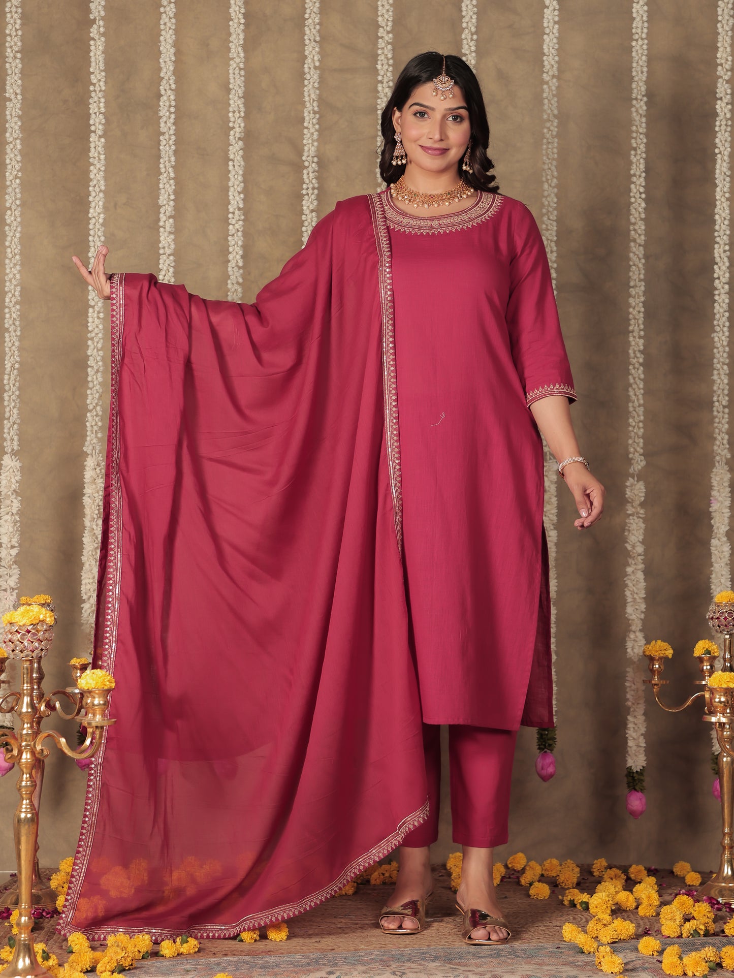 Linen Cotton Solid Straight Maroon Kurta