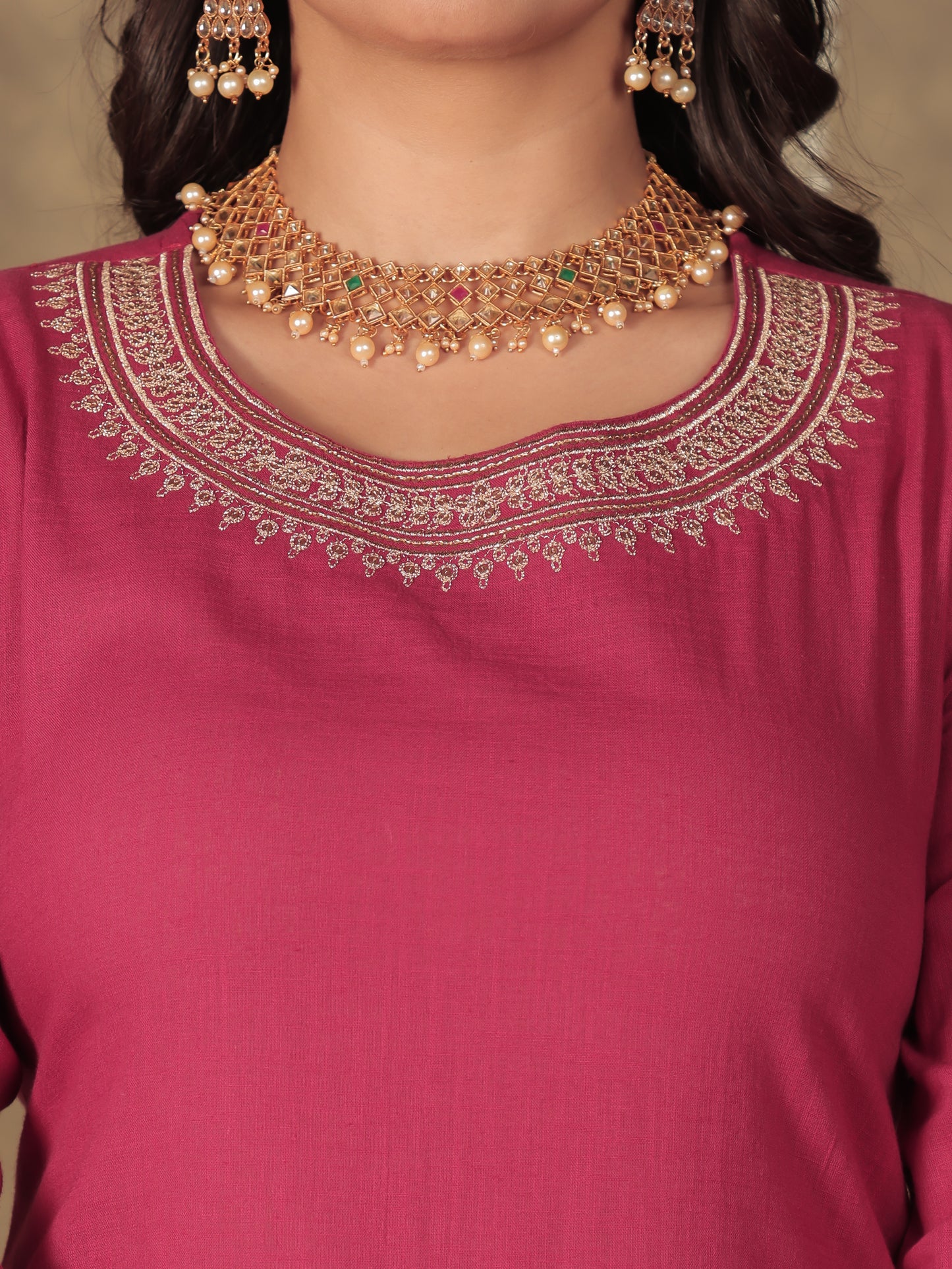 Linen Cotton Solid Straight Maroon Kurta