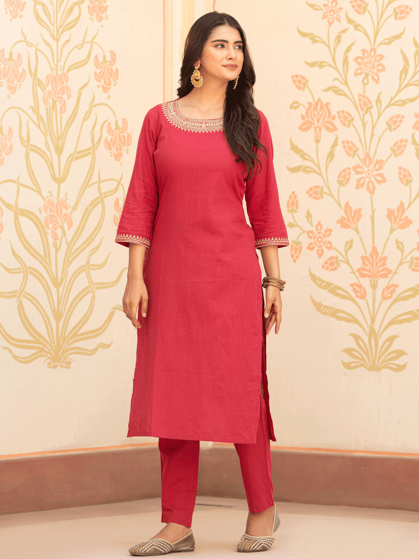 Linen Cotton Solid Straight Maroon Kurta