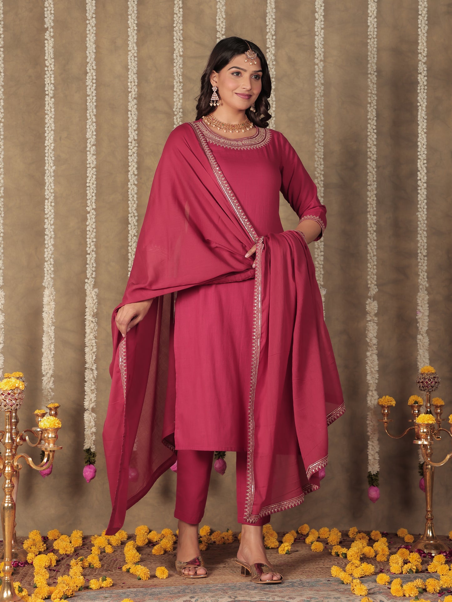 Linen Cotton Solid Straight Maroon Kurta