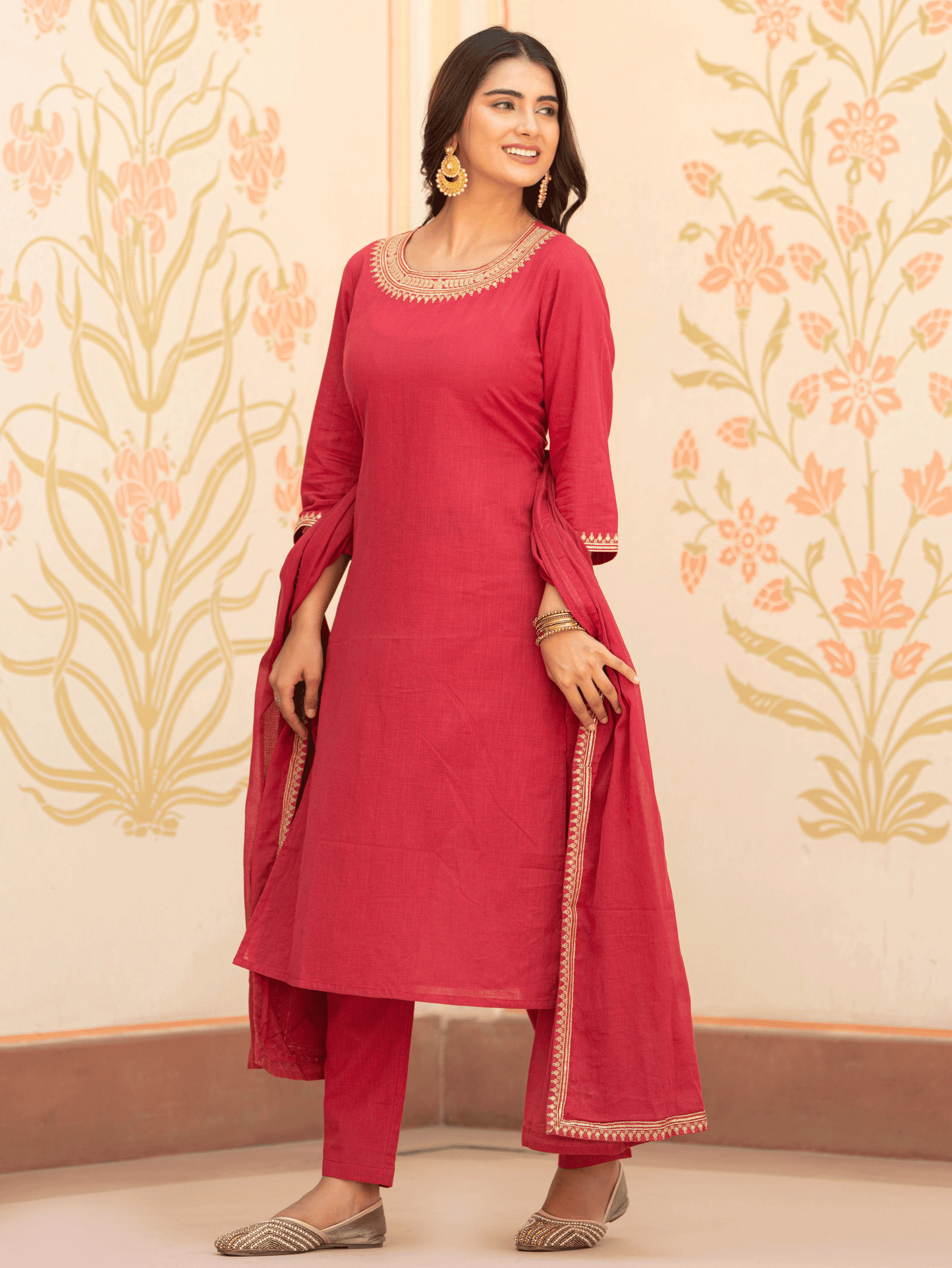 Linen Cotton Solid Straight Maroon Kurta