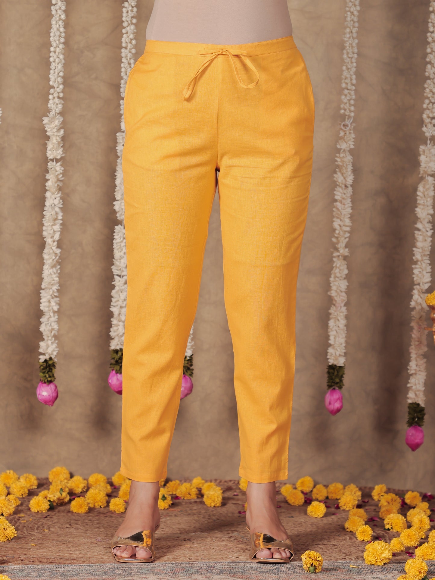 Linen Cotton Solid Yellow Tapered Trousers