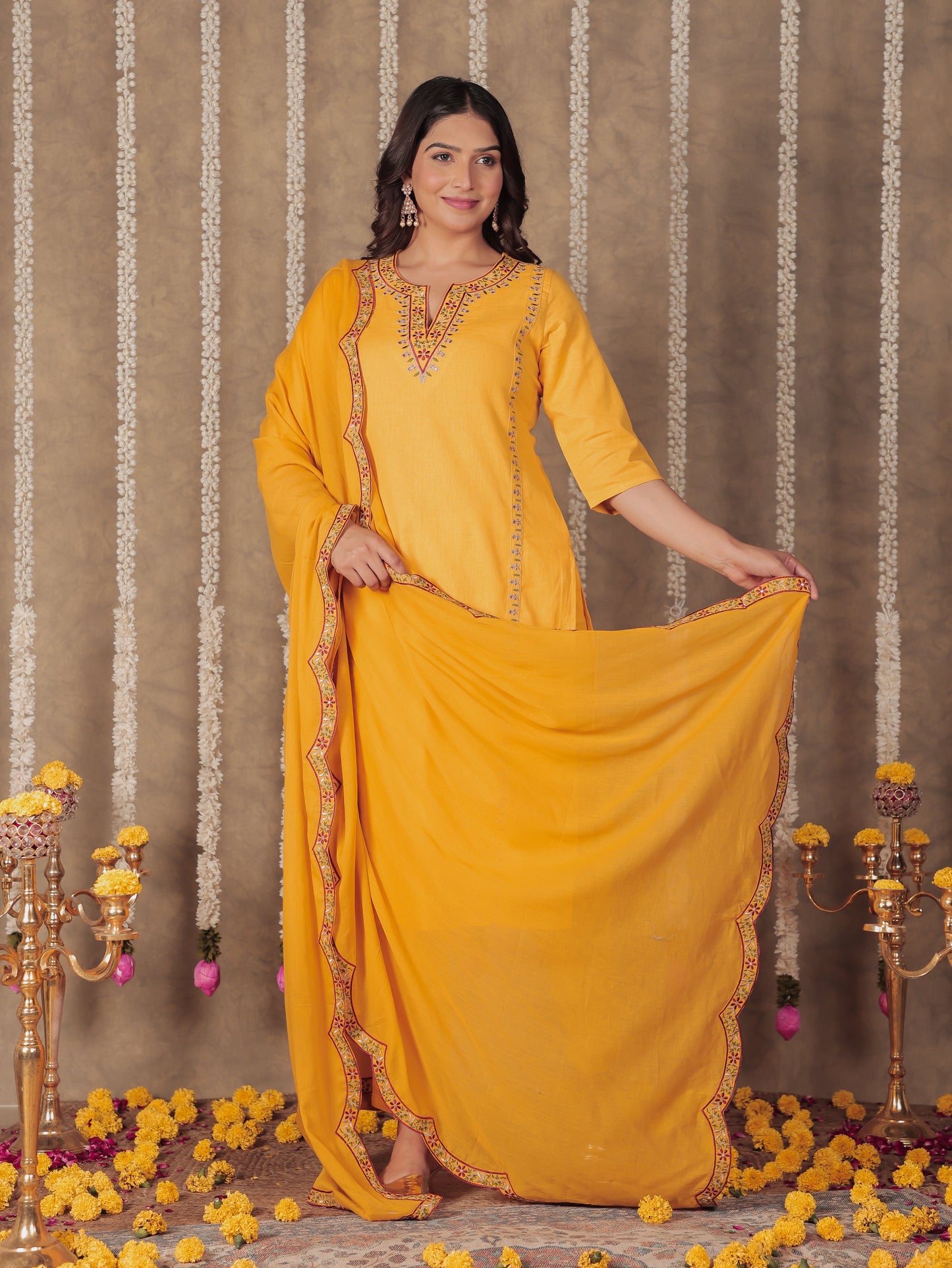 Linen Cotton Solid Straight Yellow Kurta