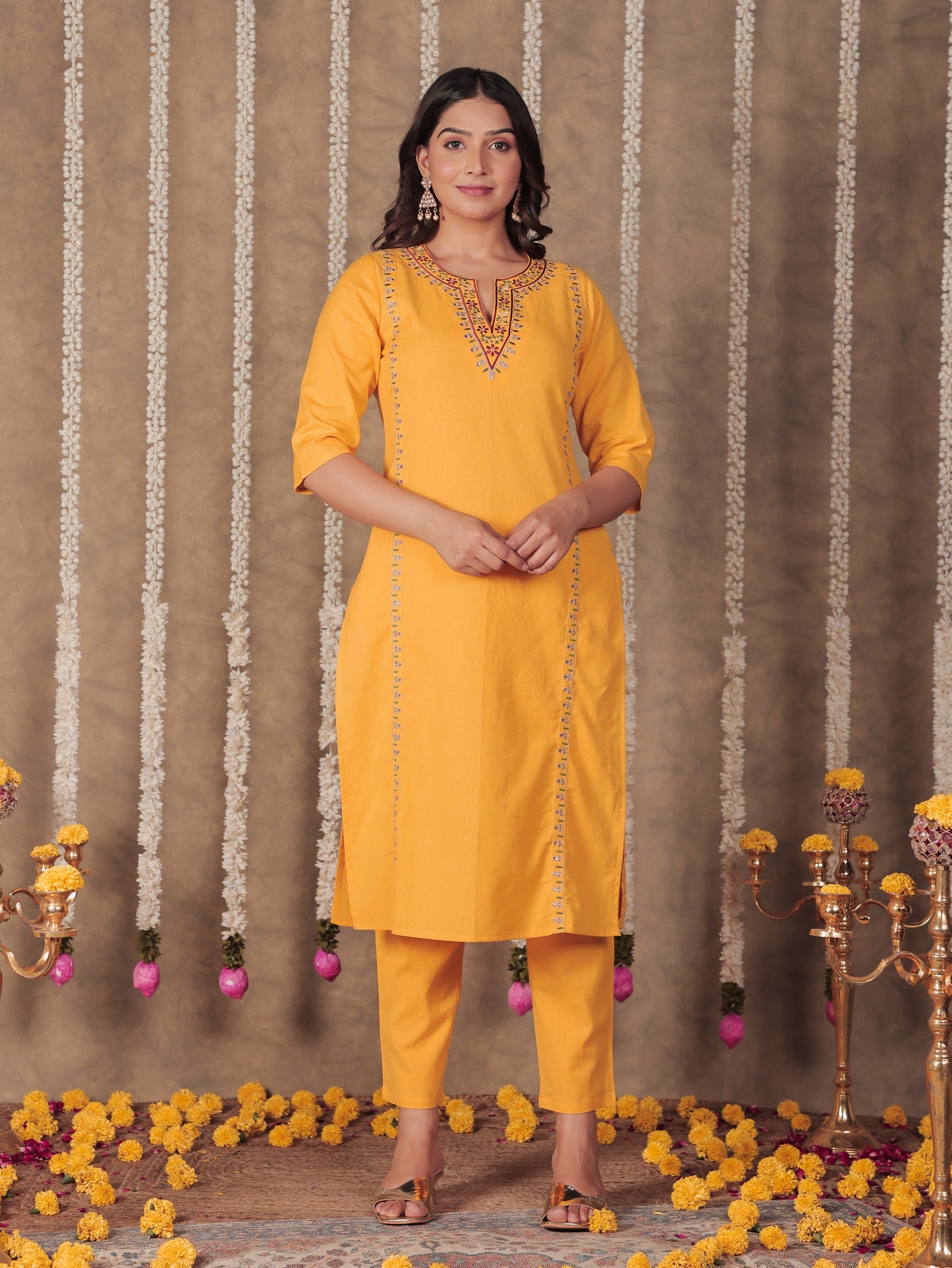 Linen Cotton Solid Straight Yellow Kurta