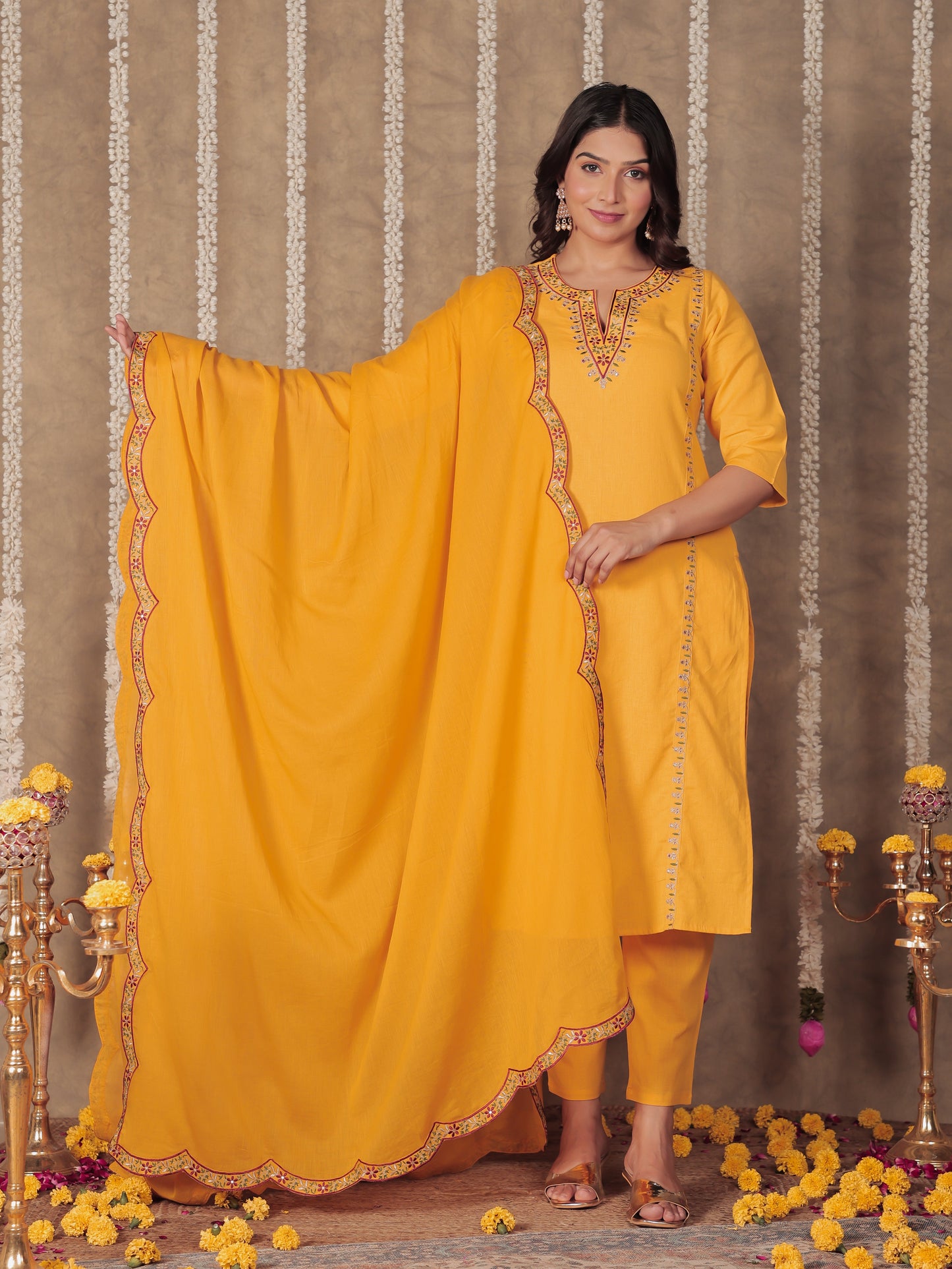 Linen Cotton Solid Straight Yellow Kurta