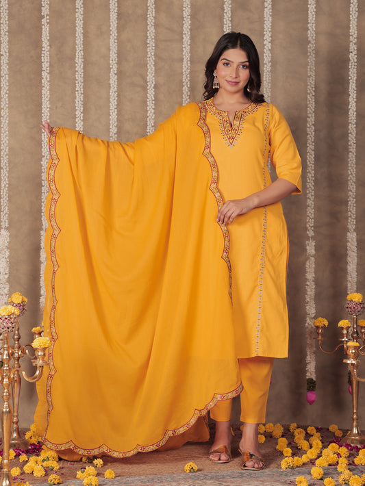 Linen Cotton Solid Straight Yellow Kurta