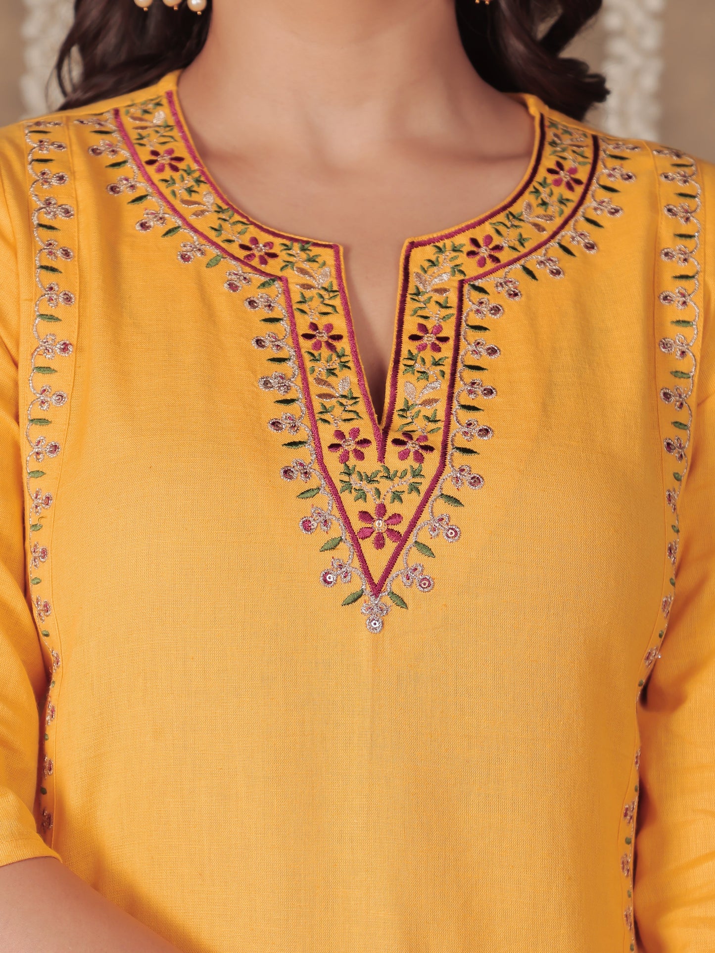 Linen Cotton Solid Straight Yellow Kurta