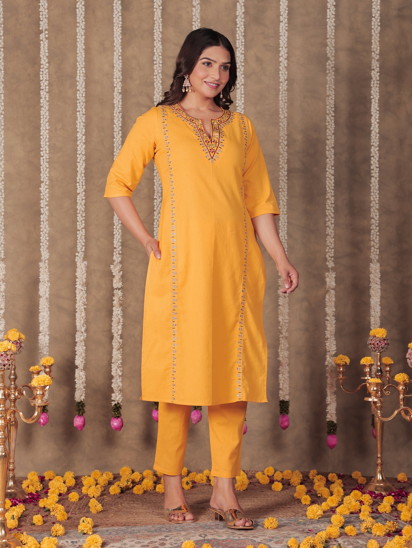 Linen Cotton Solid Straight Yellow Kurta